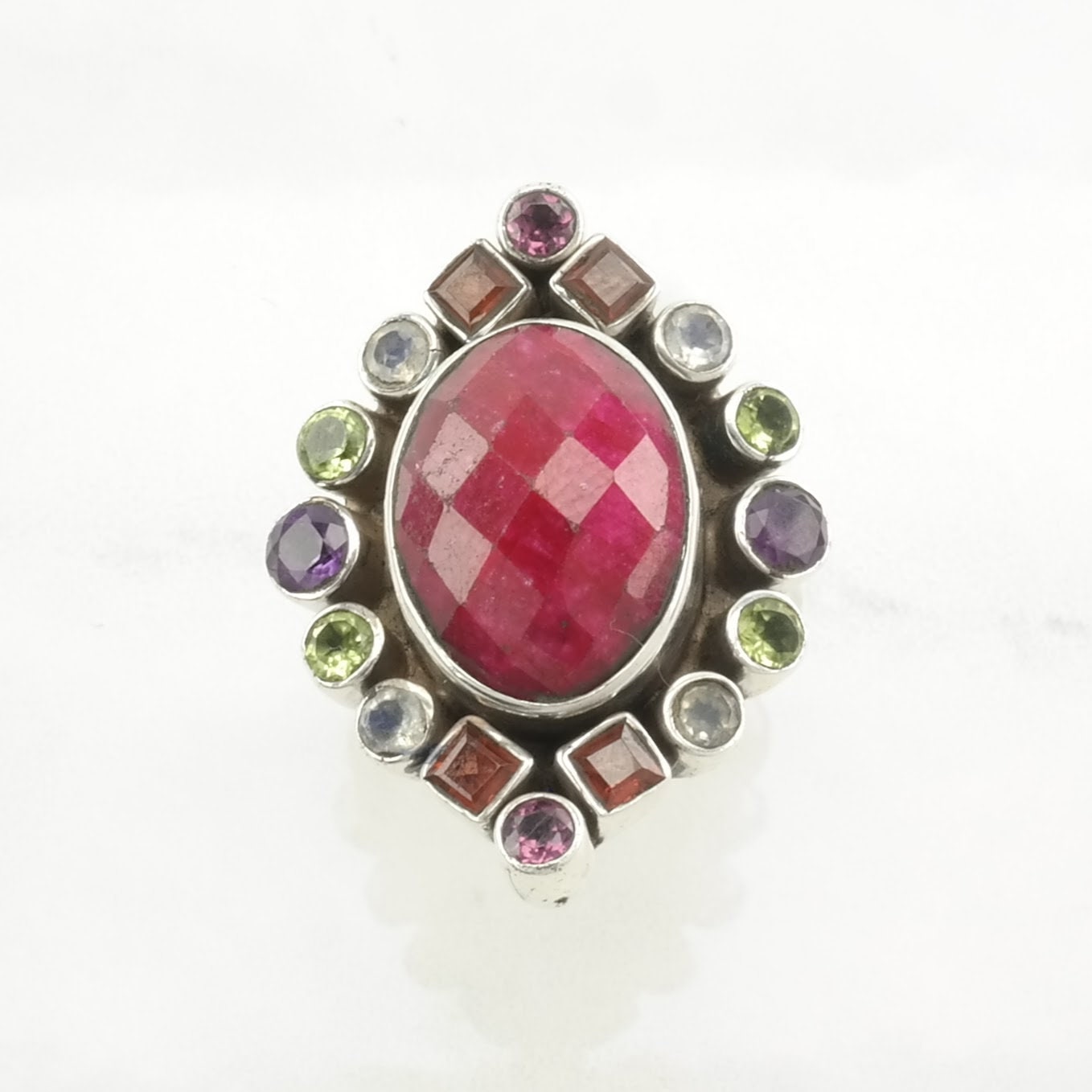 Nicky Butler SilverRing Ruby Cordundum Peridot, Amethyst, Garnet Sterling Pink Sz9 R5217