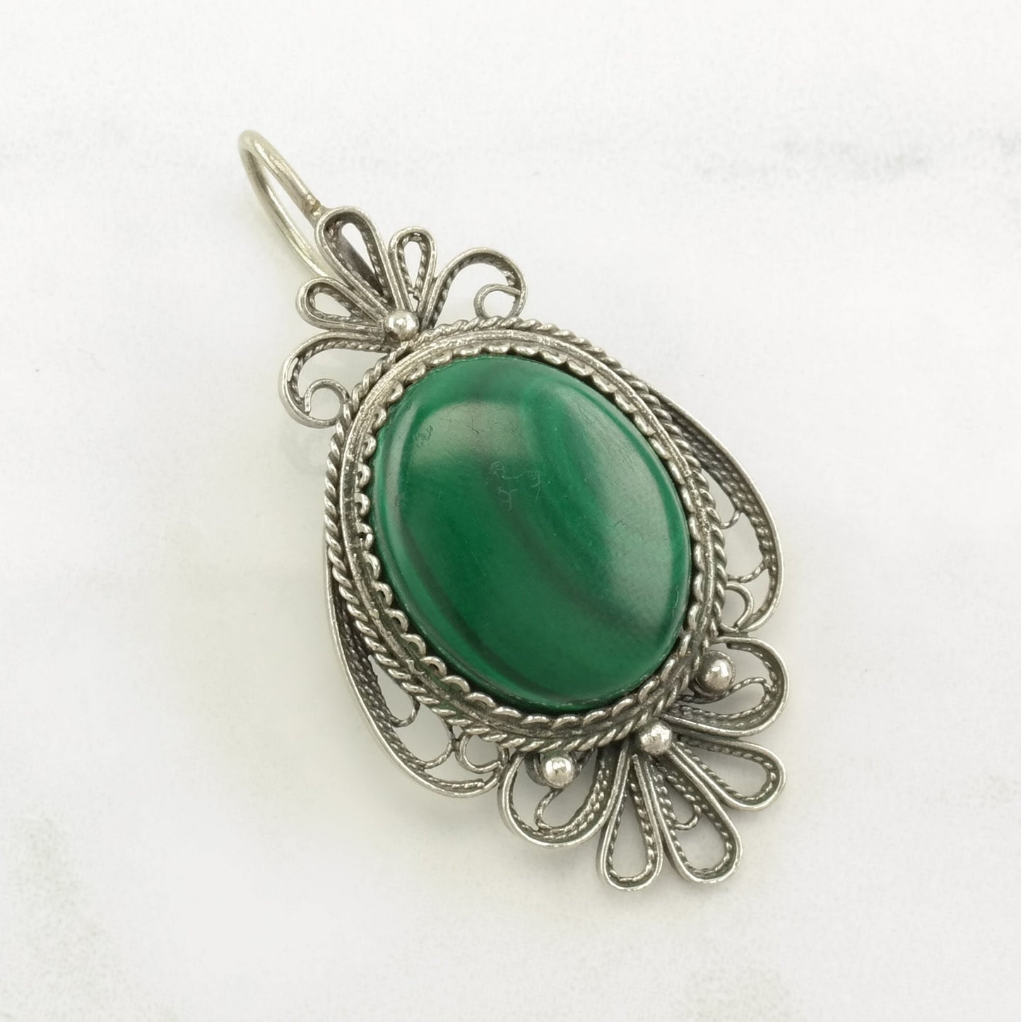 Vintage Malachite Ornate, Filigree Sterling Silver Pendant