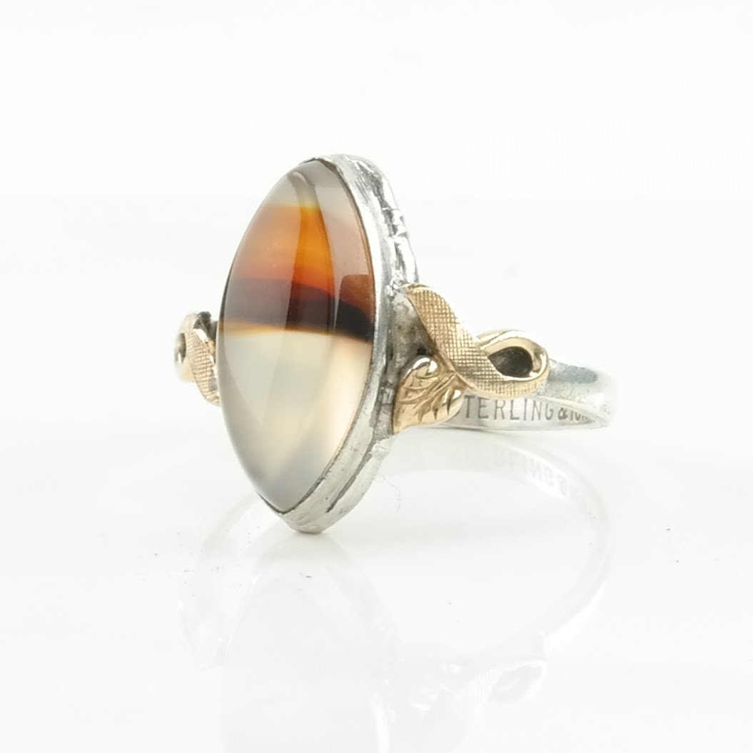 Vintage Art Deco Silver Ring Dendritic Agate Navette Sterling Size 6