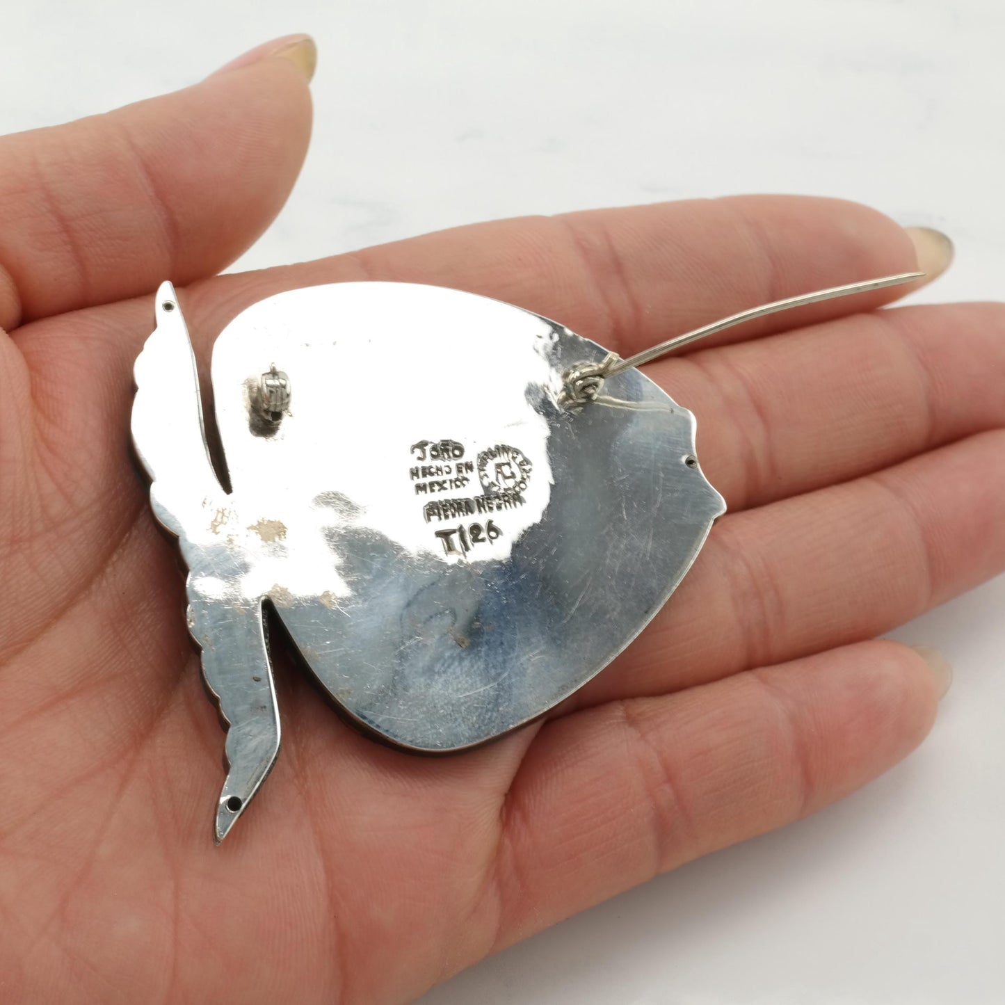 Tono Sterling Silver Brooch Fish, Brass Block Turquoise Inlay B1982