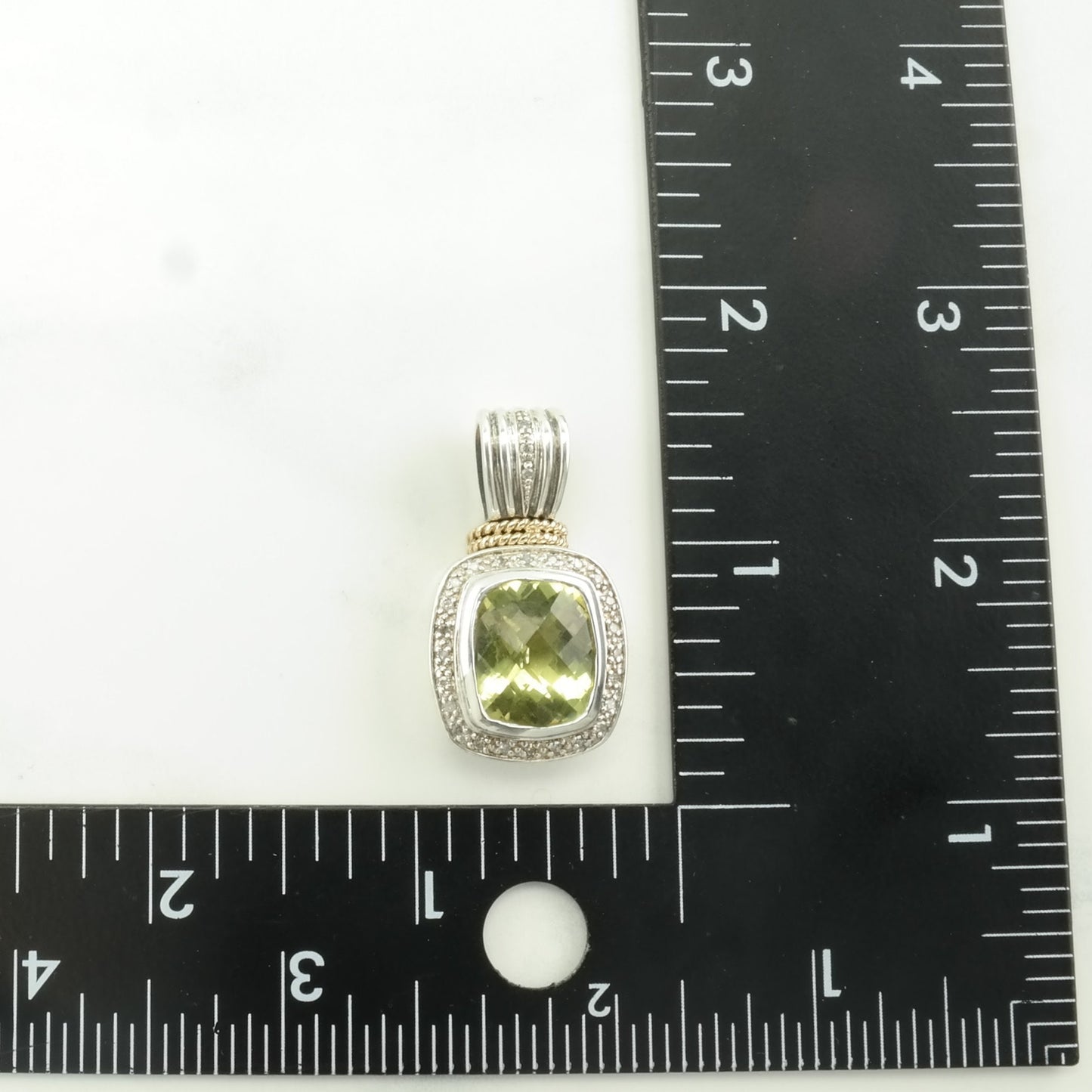 Vintage Lefkowitz and Edelstein Prasiolite, Diamond 14K gold accents Sterling Silver Pendant