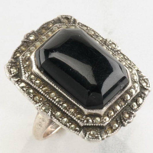 Vintage Art Deco Sterling Silver Ring Black Onyx Marcasite Size 5 3/4