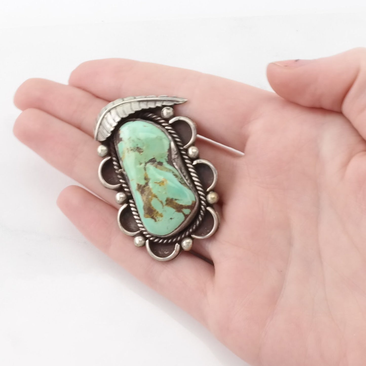 Vintage Native American Turquoise Leaf Sterling Silver Pendant
