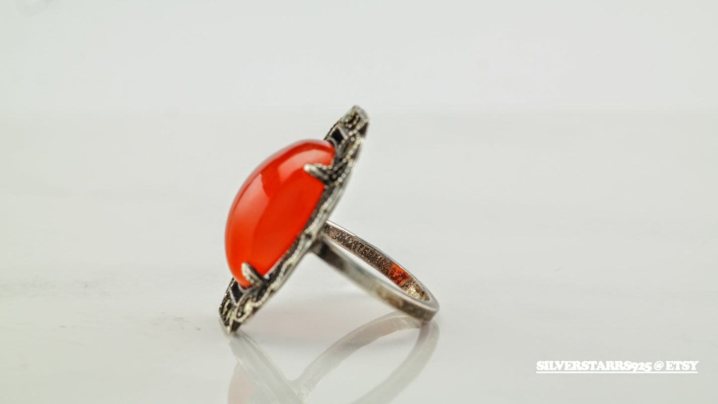 Art Deco Sterling Silver Ring Sz5 Rust Marcasite Carnelian R2171
