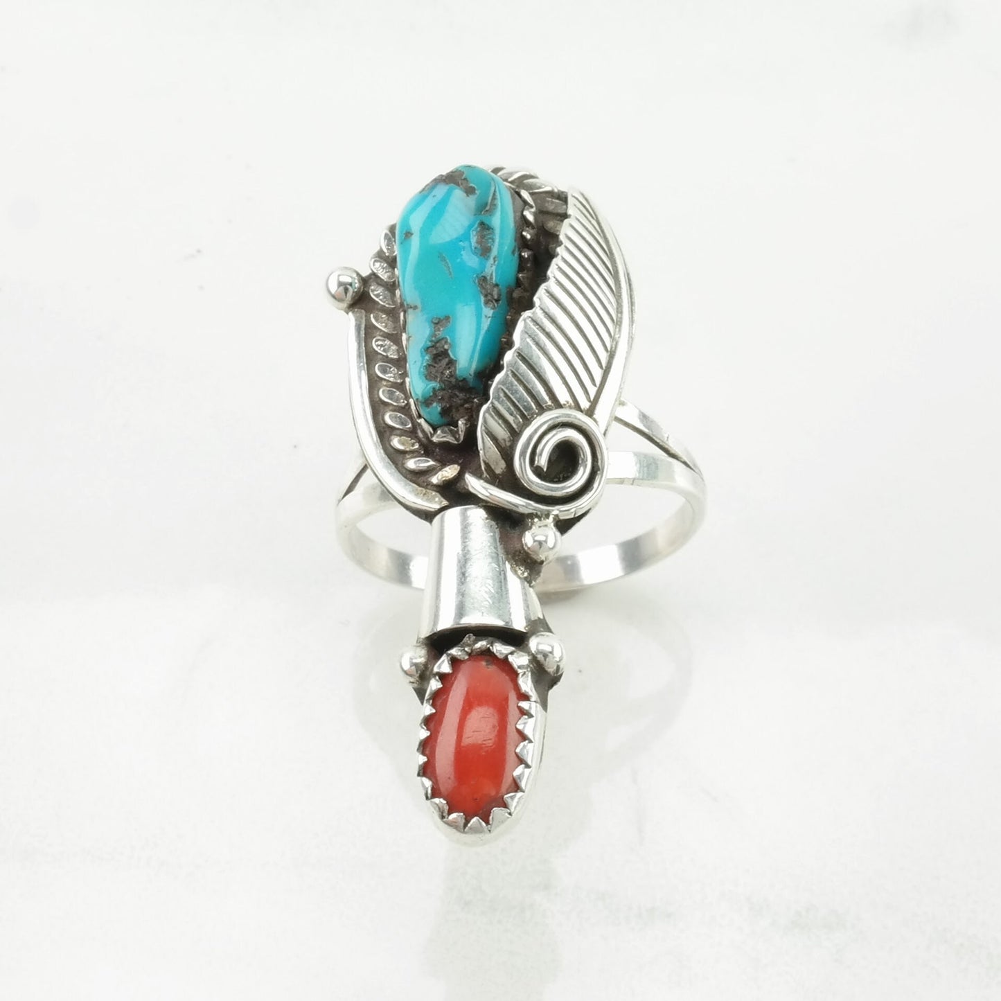 Native Silver Ring Turquoise, Coral Leaf Sterling Blue, Red Sz7 3/4 R5244