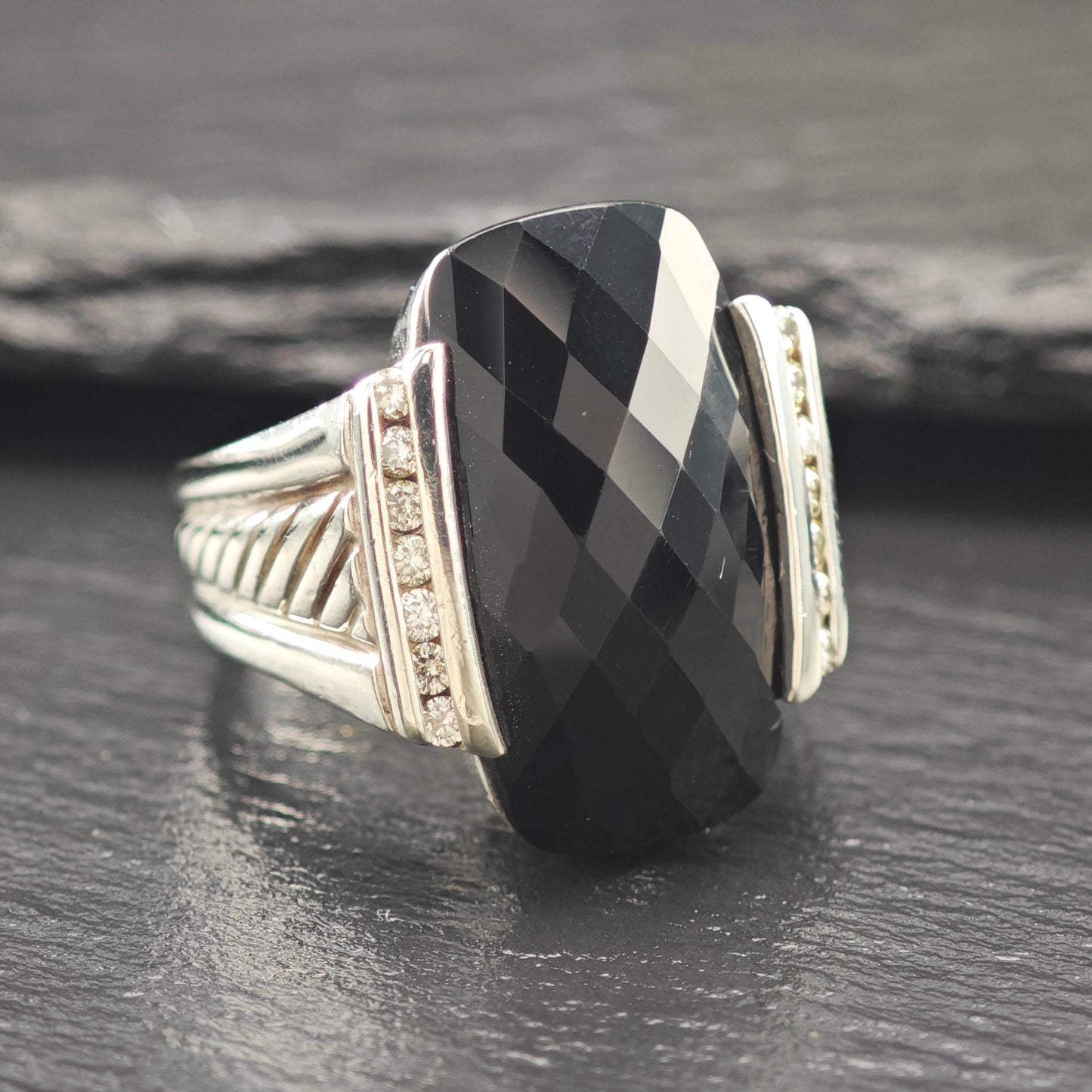 David Yurman Diamond Black Onyx Ring Sterling Silver
