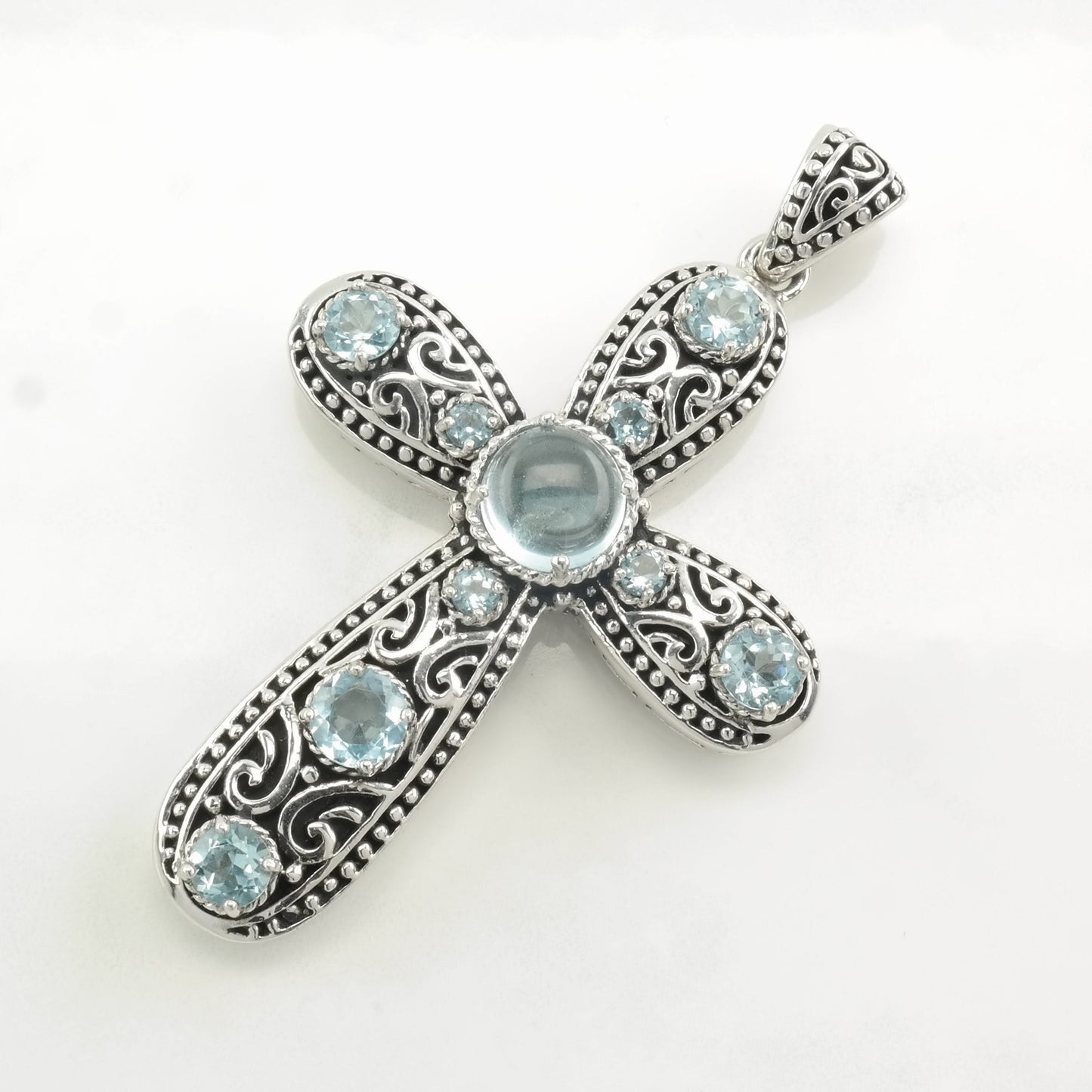 Vintage Topaz Filigree, Cross Sterling Silver Pendant