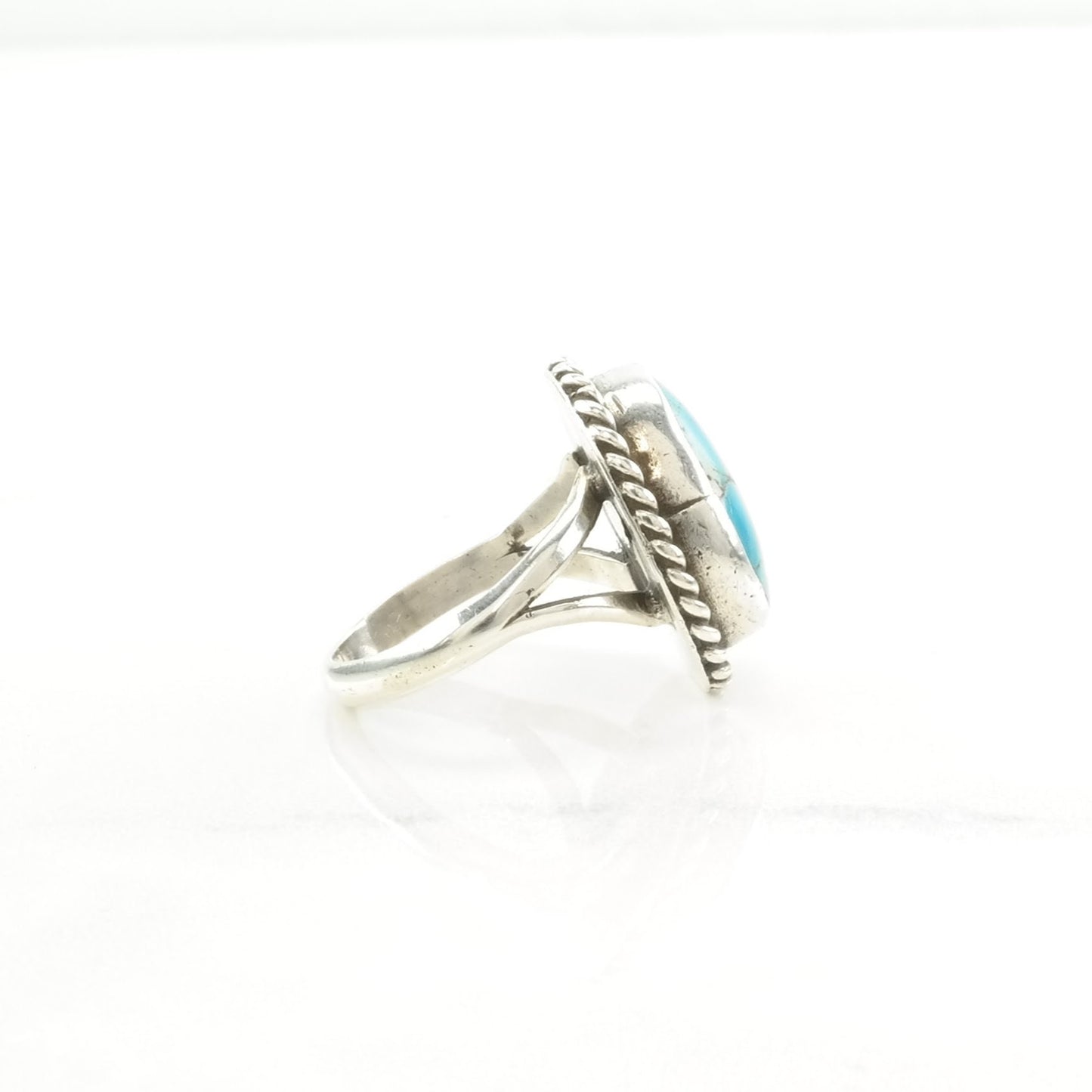 Vintage Southwest Silver Ring Turquoise Rope Detail Sterling Blue Size 6