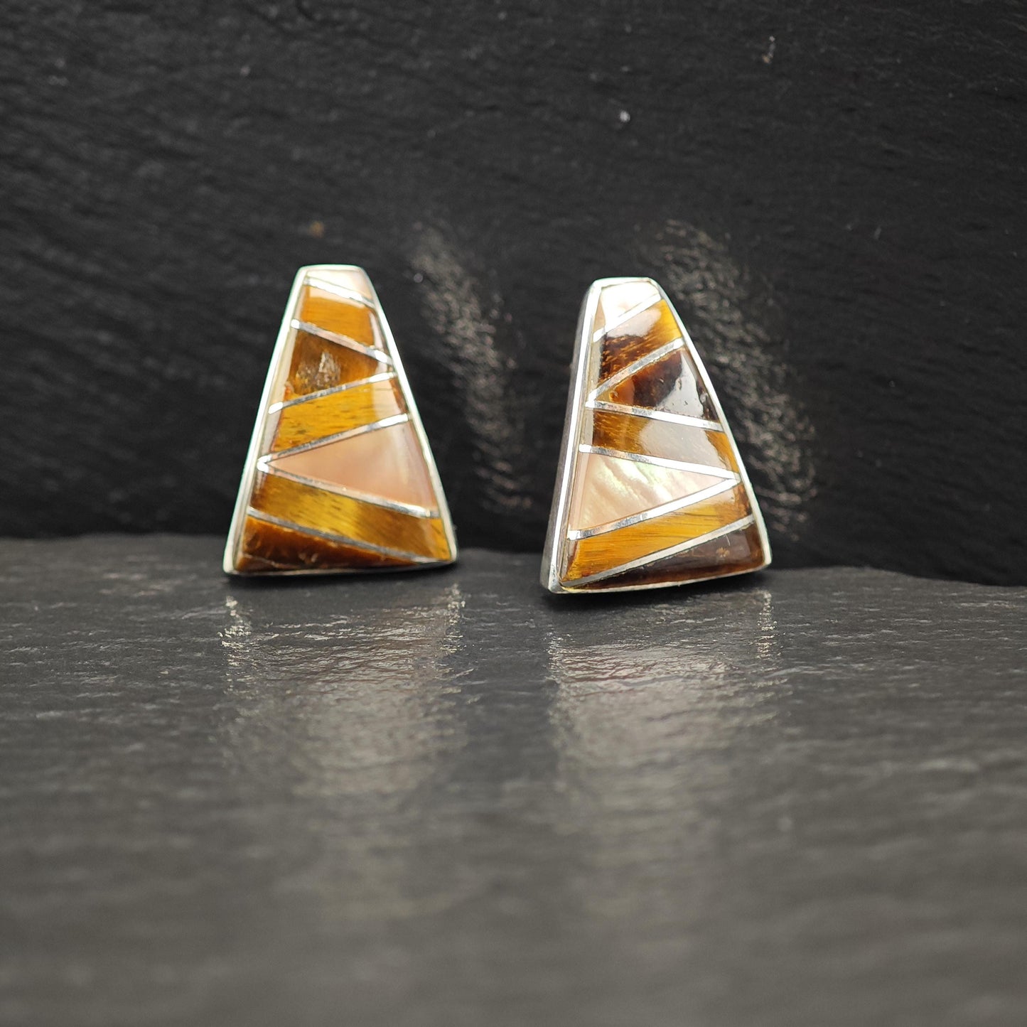 Brown, Translucent Tigers Eye, MOP Geometric, Inlay Stud Earrings Sterling Silver