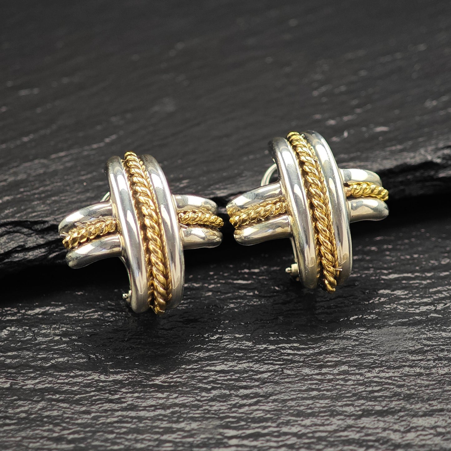 Tiffany Gold Cross, X 18k Gold Accent, Two Tone Omega Back Earrings Sterling Silver