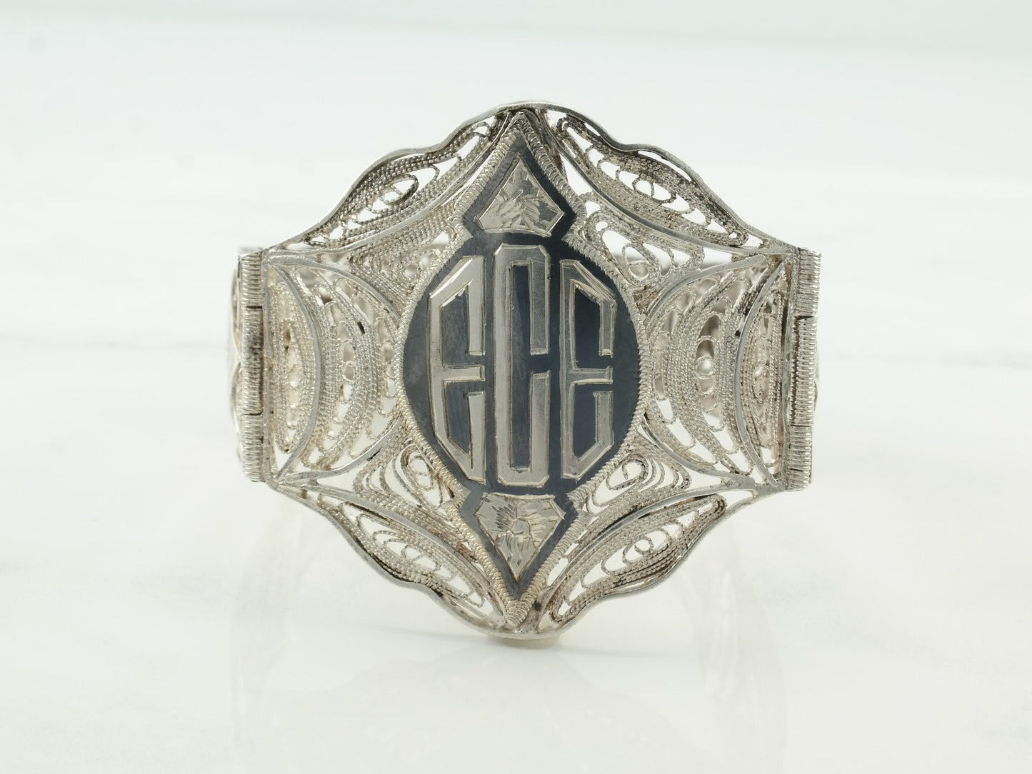 1943 Egyptian Sterling Silver Filigree Panel Bracelet Scenic