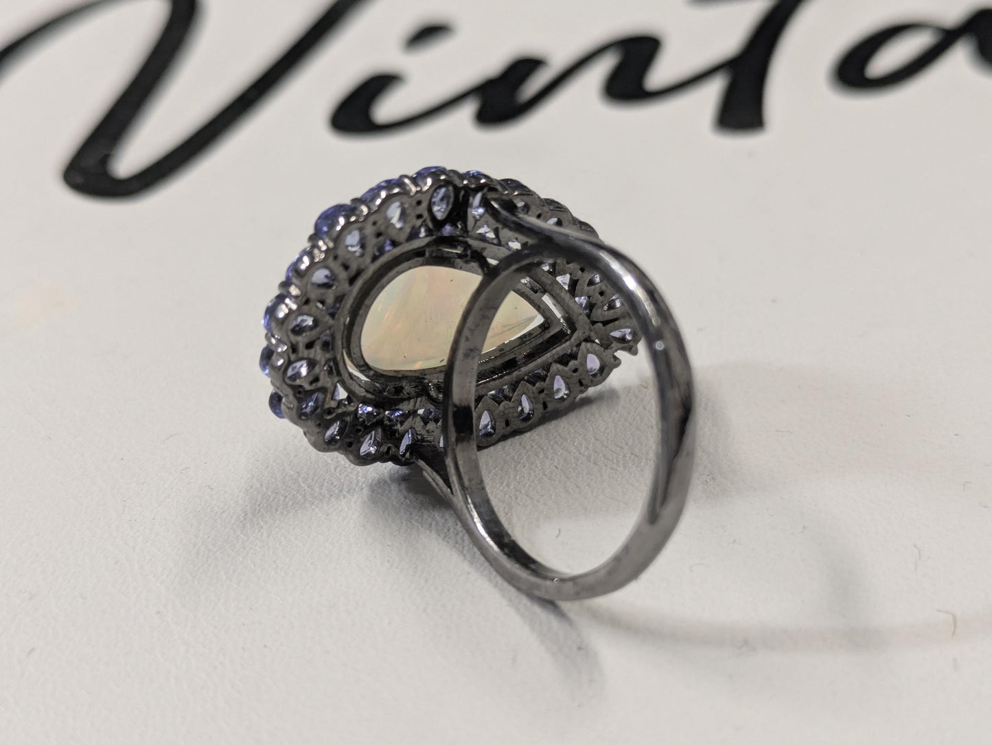 Oxidized Opal Tanzanite Diamond Silver Ring, Sterling