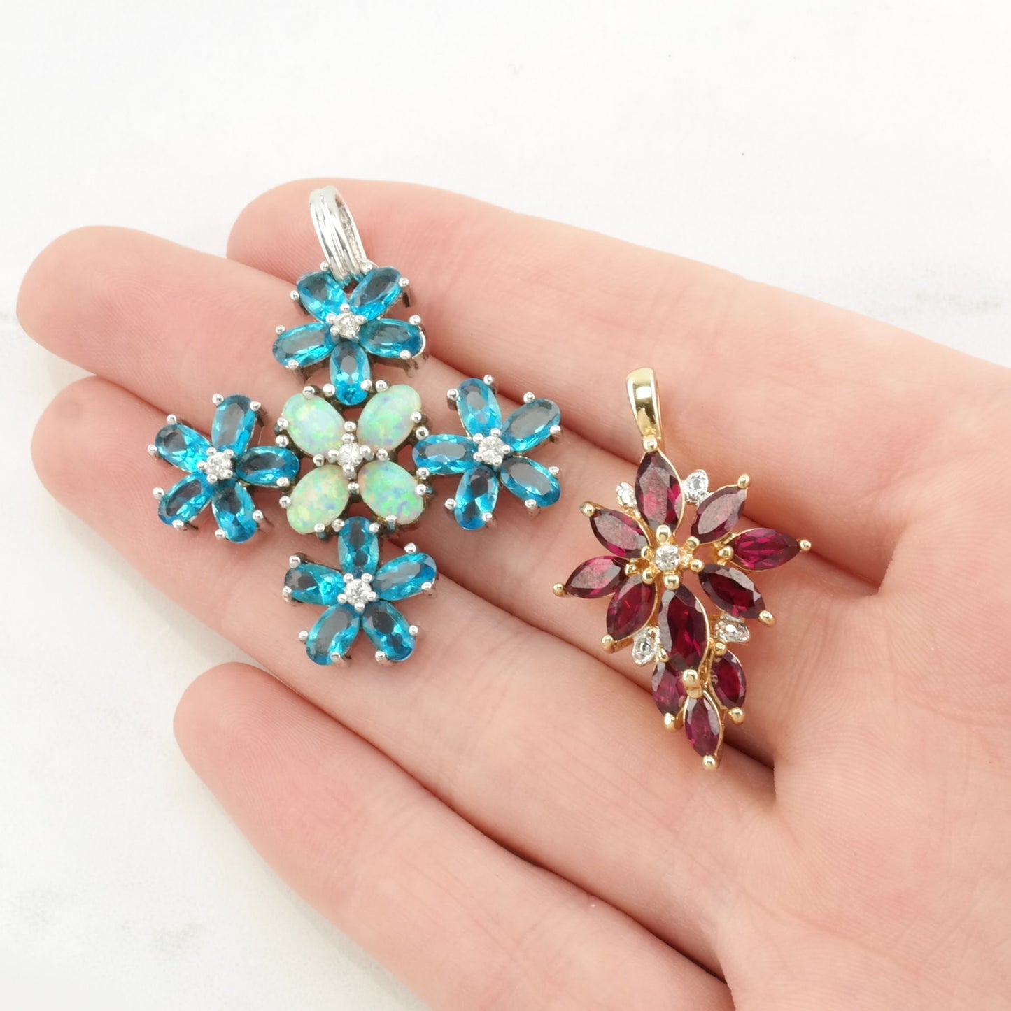 Vintage Lab Opal, Topaz, Diamond, Lab Ruby Floral, Cross Sterling Silver Pendant