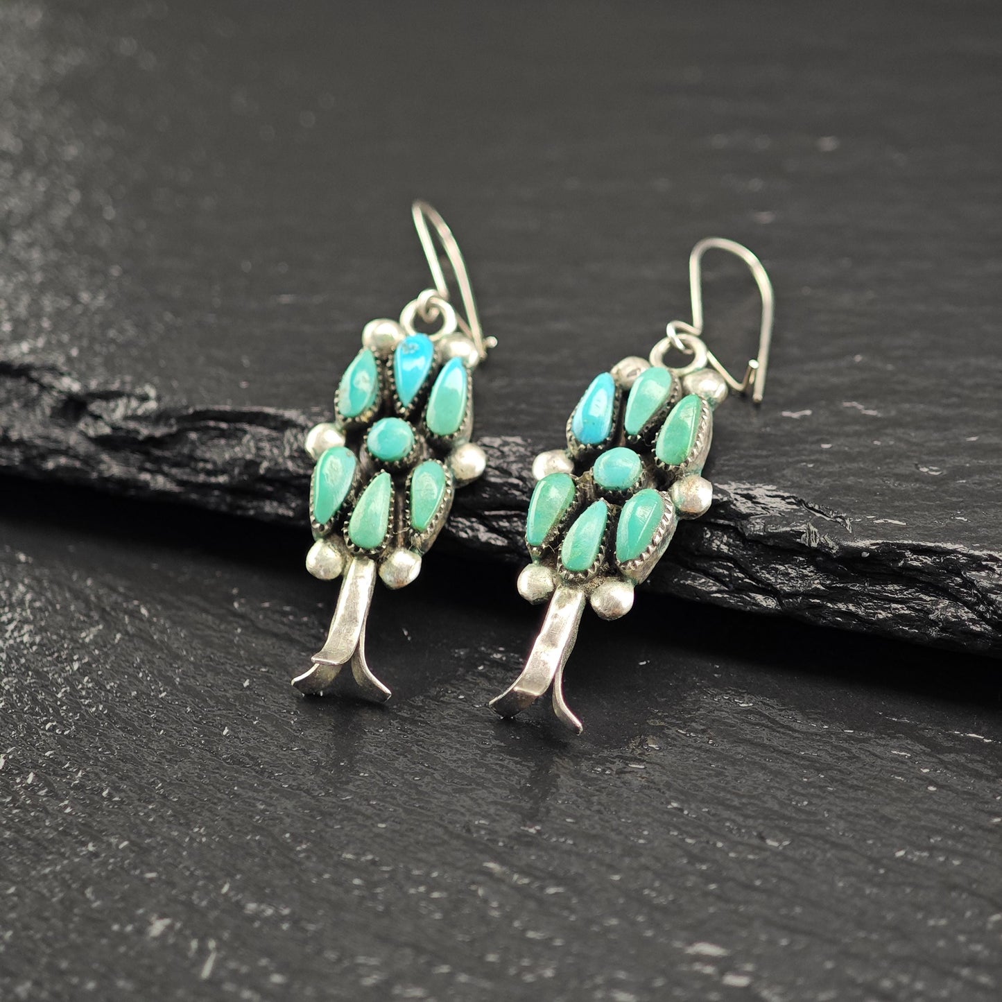 Zuni, Raynold Lonsee Floral Turquoise Kidney Wire Earrings Sterling Silver