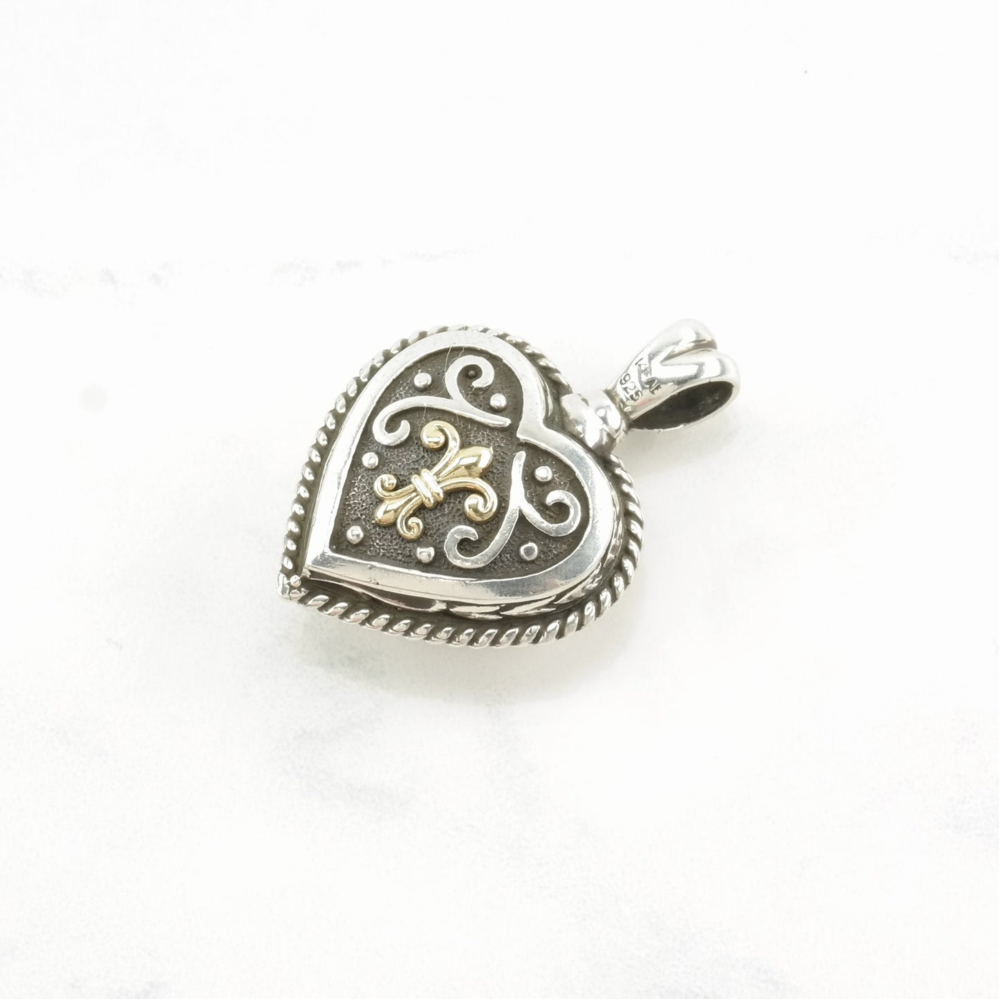 Vintage Fleur De Lis, Heart 14K Gold Accents Sterling Silver Pendant