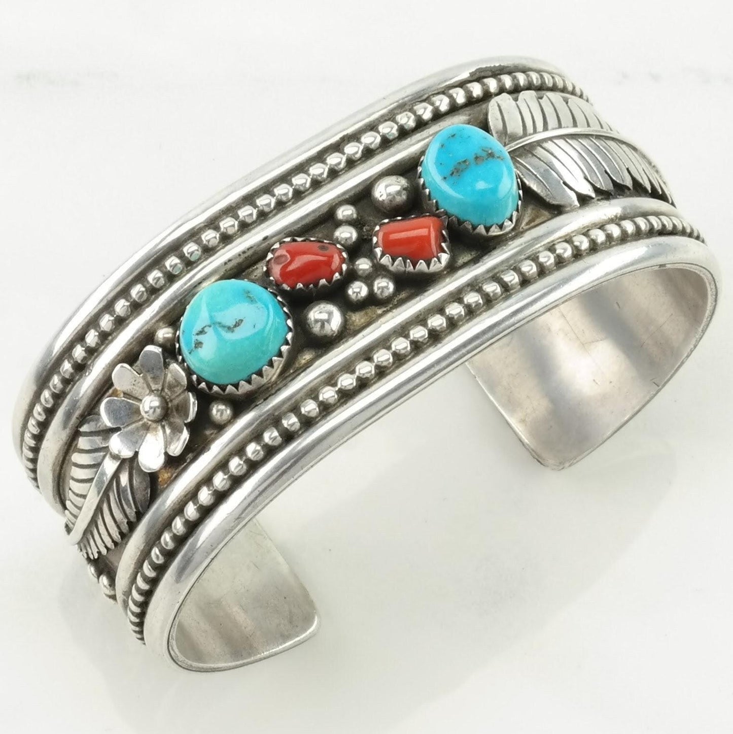 Native American Sterling Silver Cuff Bracelet Blue, Red Turquoise, Coral Leaf