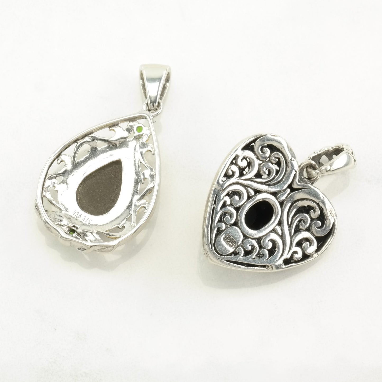 Vintage Gemstone, Diopside, Opal Teardrop, Heart Sterling Silver Pendant
