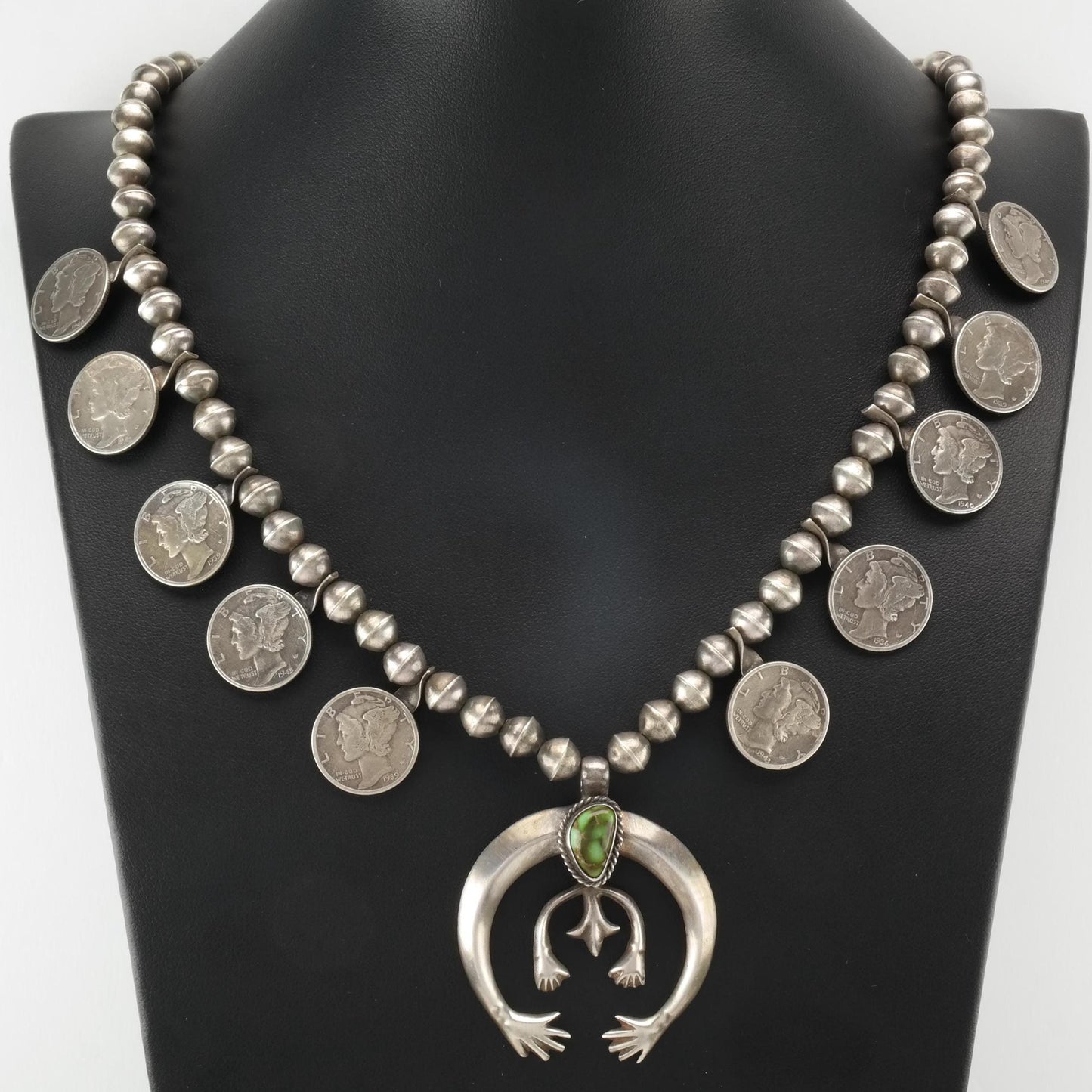 Vintage Native American Turquoise, Mercury Dimes Sterling Silver Squash Blossom Necklace