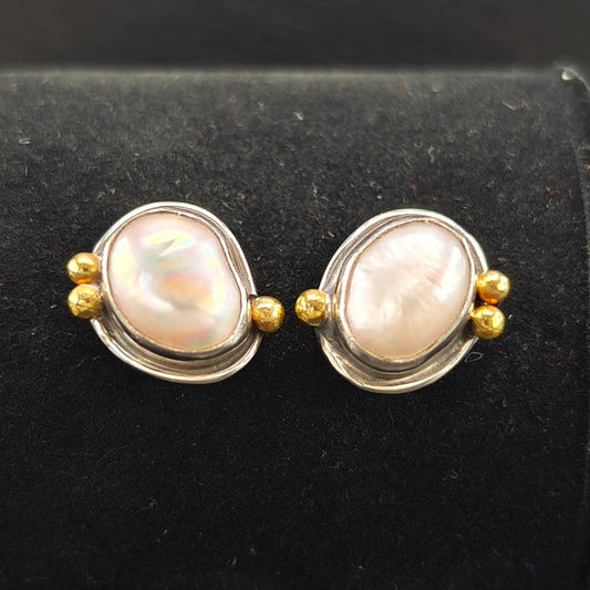 Vintage Sterling Silver Stud Earrings with 22K Gold Pearl Designer Elegance