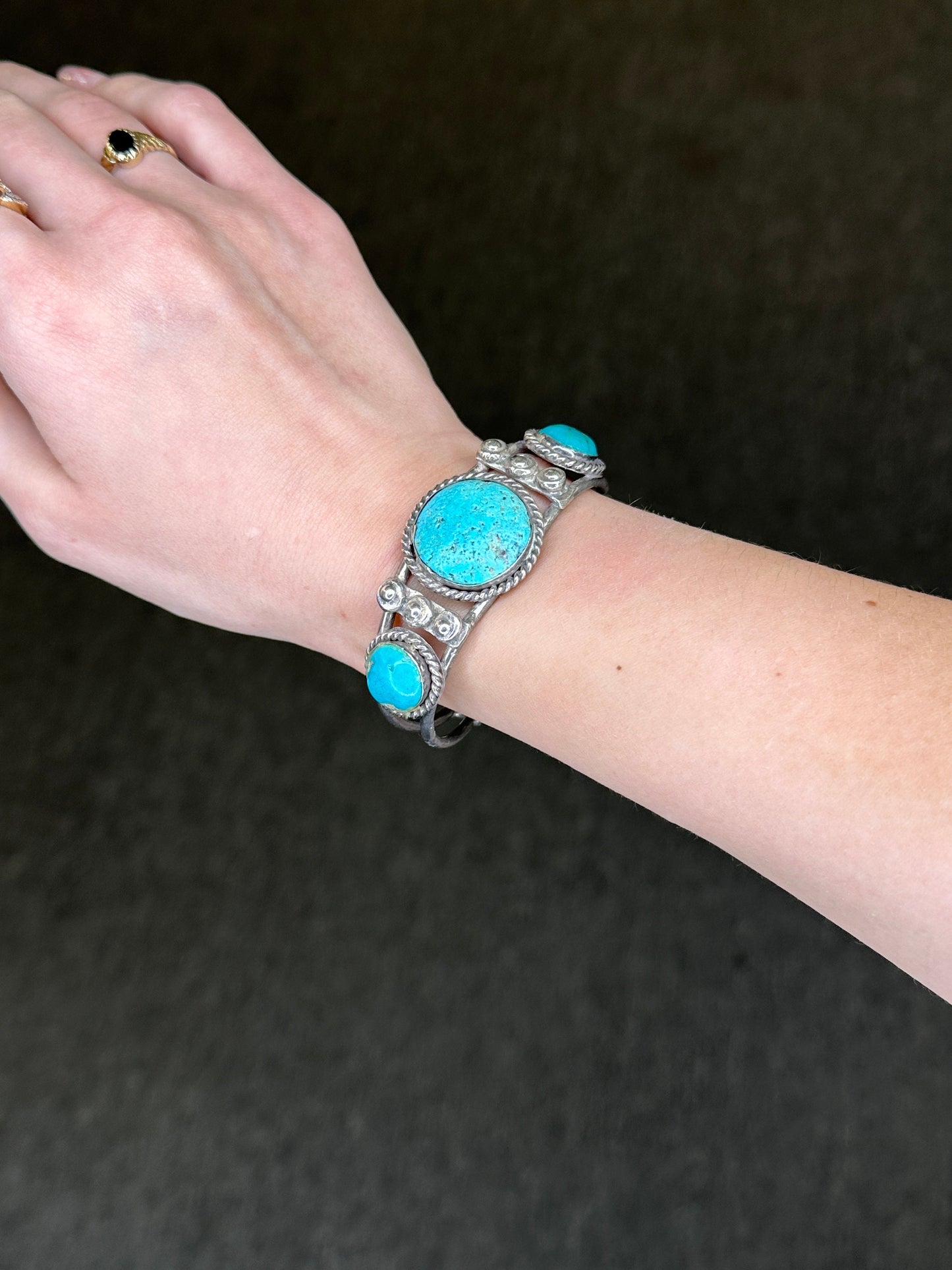 1950 Native American Sterling Silver Cuff Bracelet Turquoise Three Stone