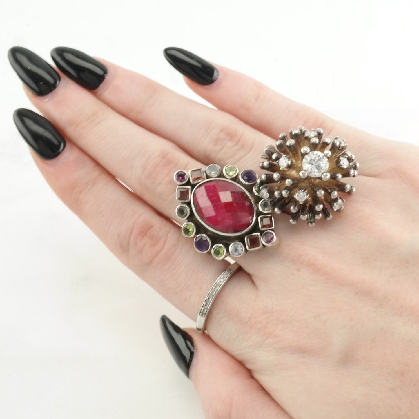 Vintage Sterling Silver Ring Diamond 2mm Band Size 6 3/4