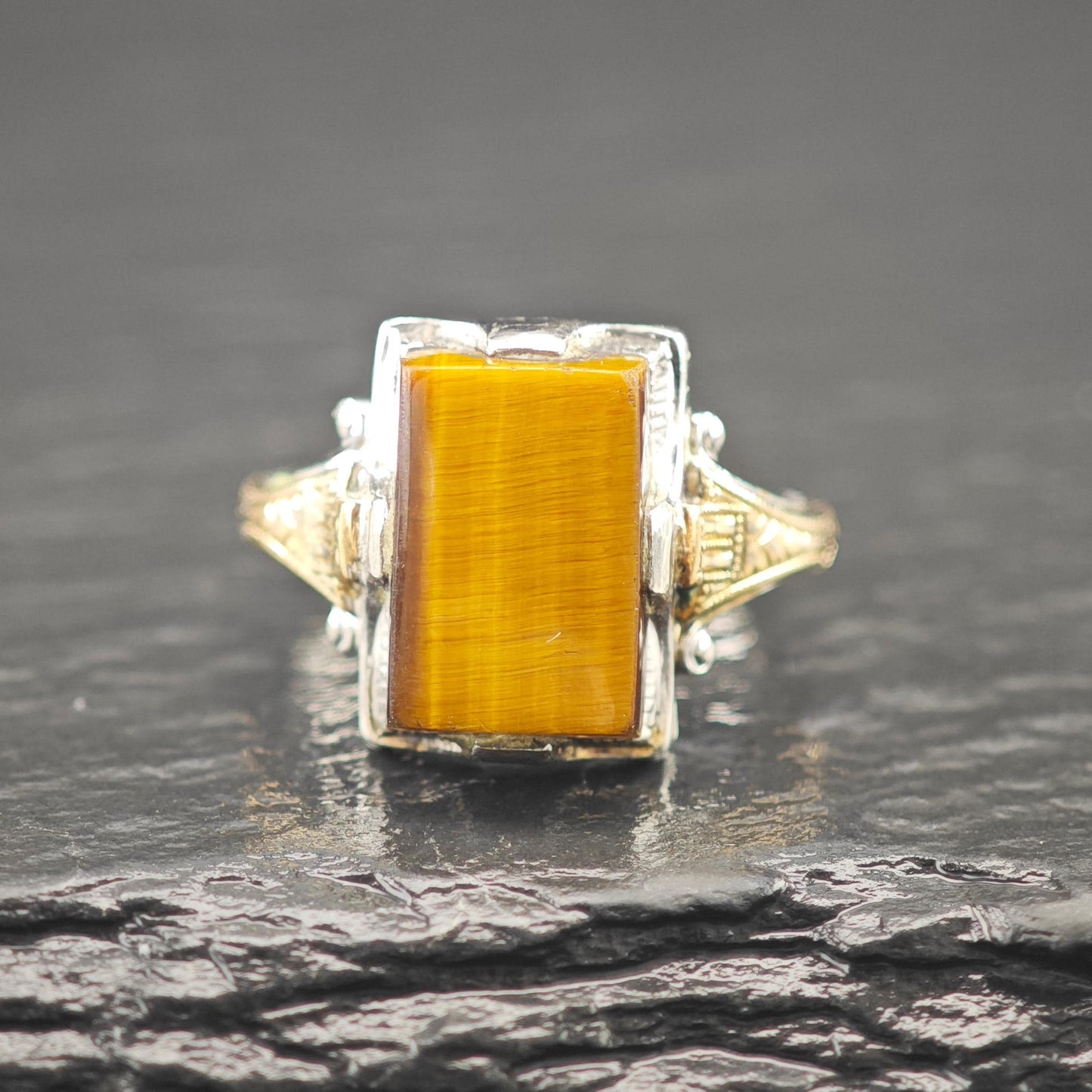 Art Deco Ring Sterling Silver Tiger Eye 10K Gold Filled Accent
