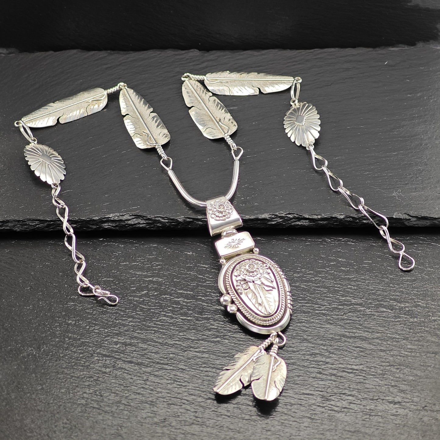 Navajo, Native American Floral Large Necklace Sterling Silver