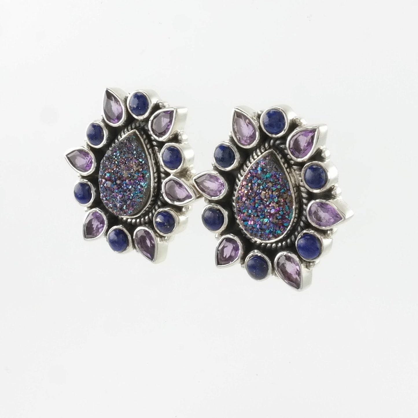 Vintage Sterling Silver Stud Earrings Purple, Blue Druzy, Amethyst, Lapis Lazuli Cluster