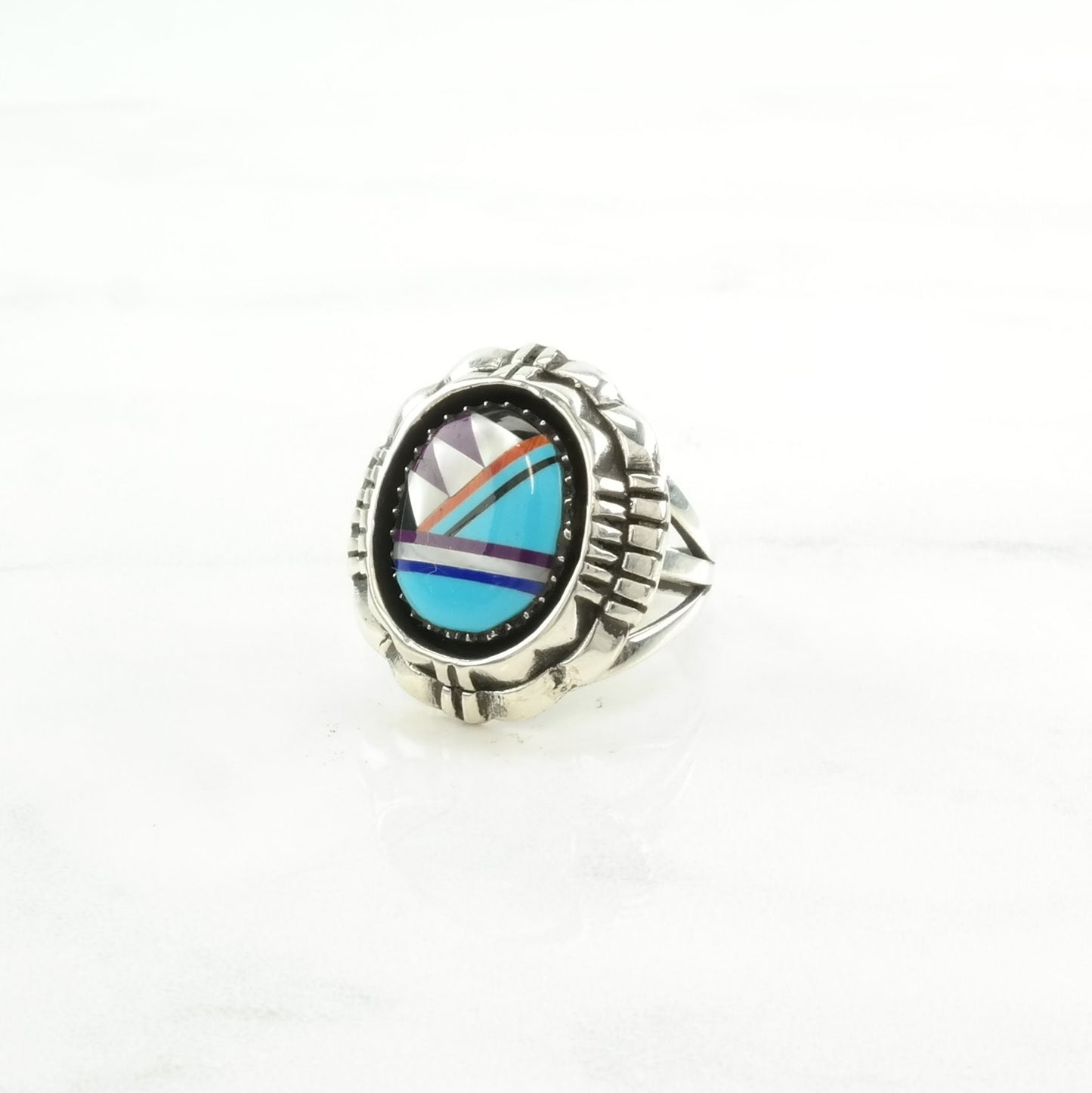 Southwest Sterling Silver Inlay Ring Size 6 1/2