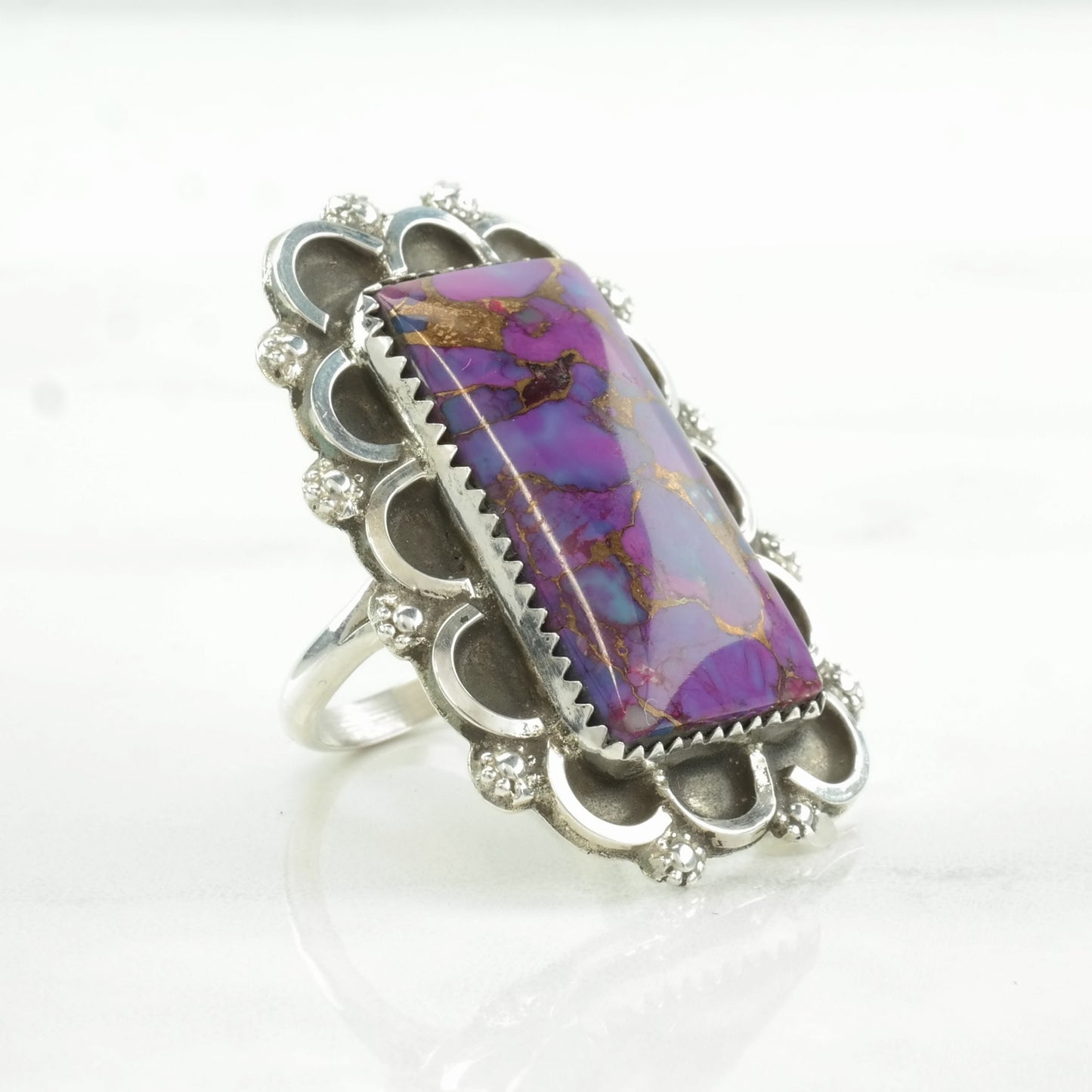 Vintage Southwest Silver Ring Purple Copper Dyed Turquoise Scallop Sterling Size 8