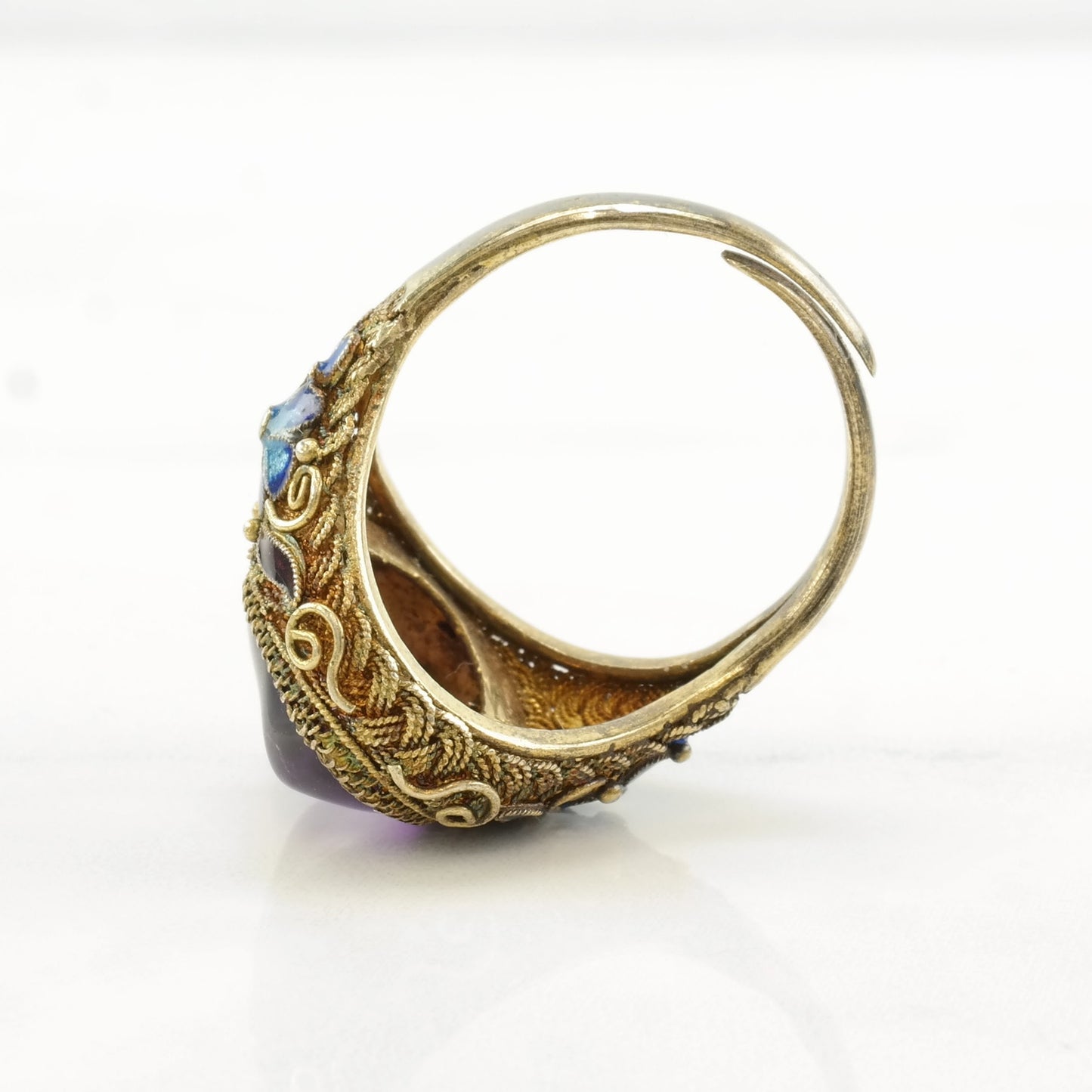 Vintage Sterling Silver Ring Amethyst Enamel, Flower, Gold Tone Size 9 1/2