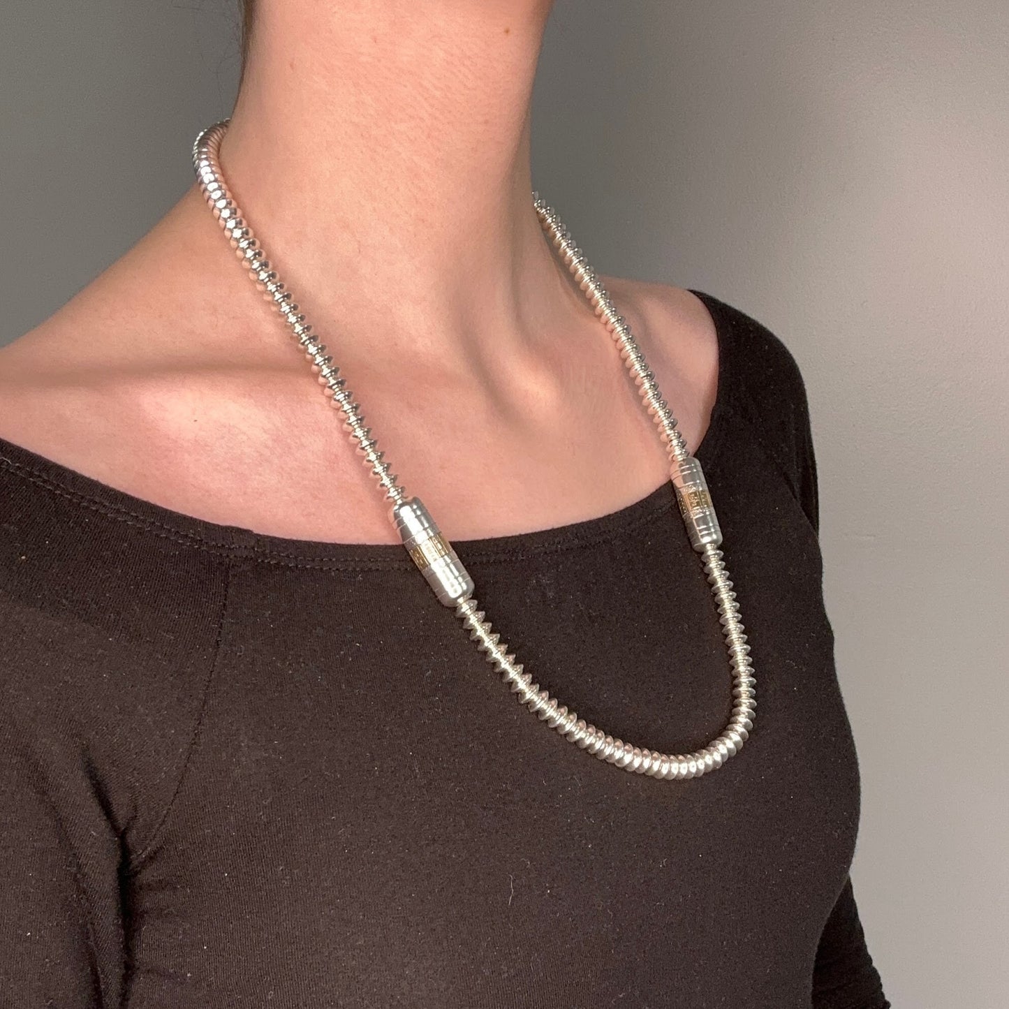 Vintage Native American Sterling Silver Beaded 14k Gold Accents Necklace