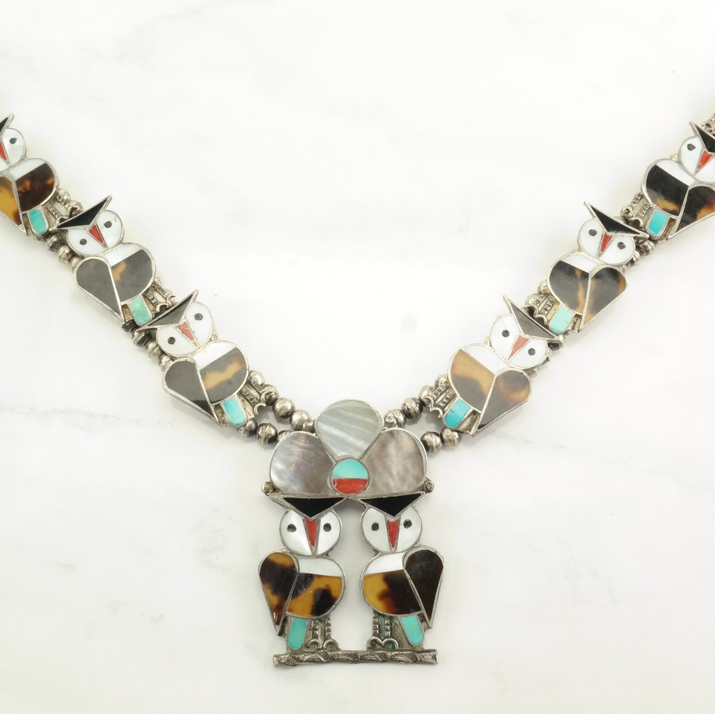 Zuni Owl Inlay Squash Blossom Native American Sterling Silver Necklace