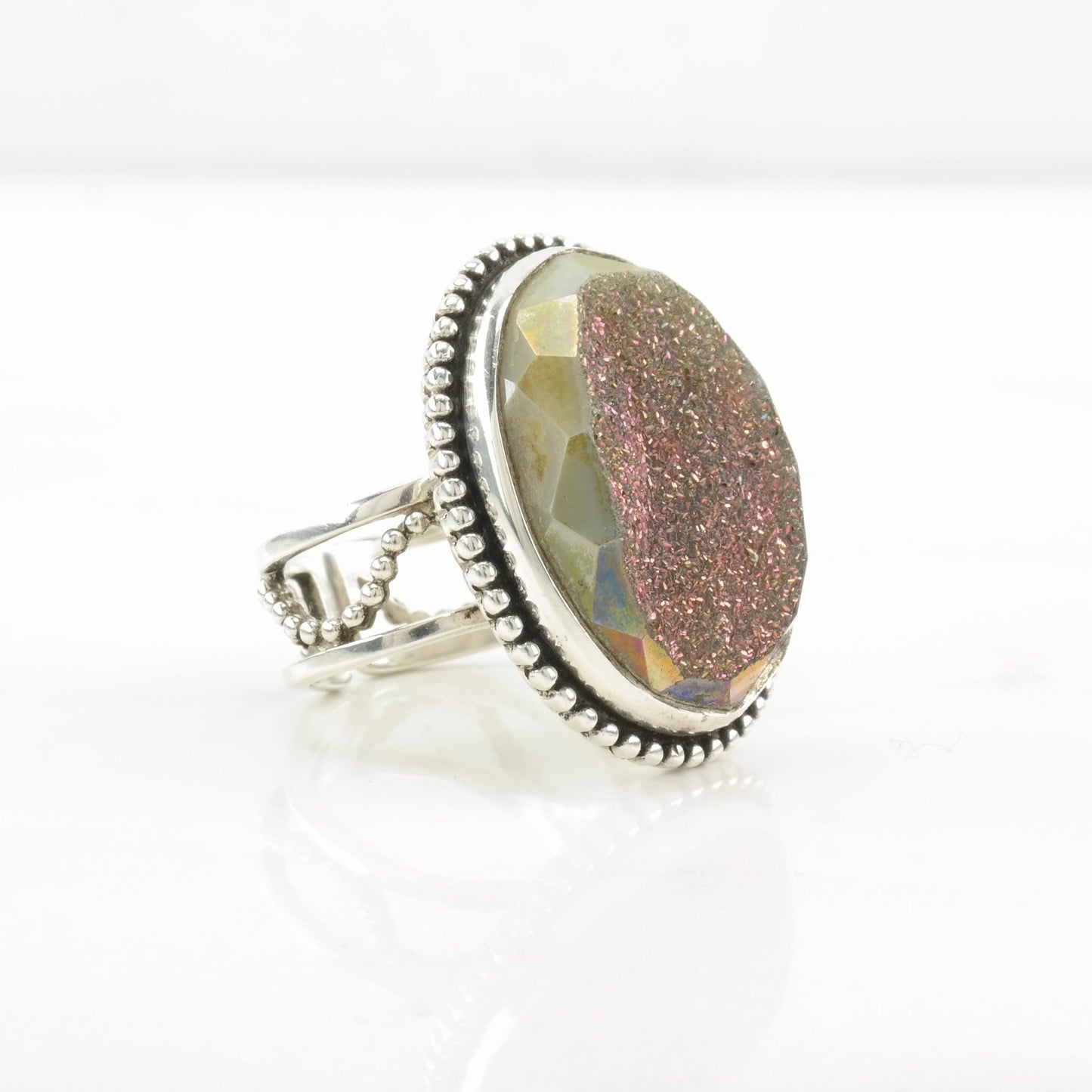 Vintage Sterling Silver Ring Druzy Quartz Huge Pink Size 5 1/2