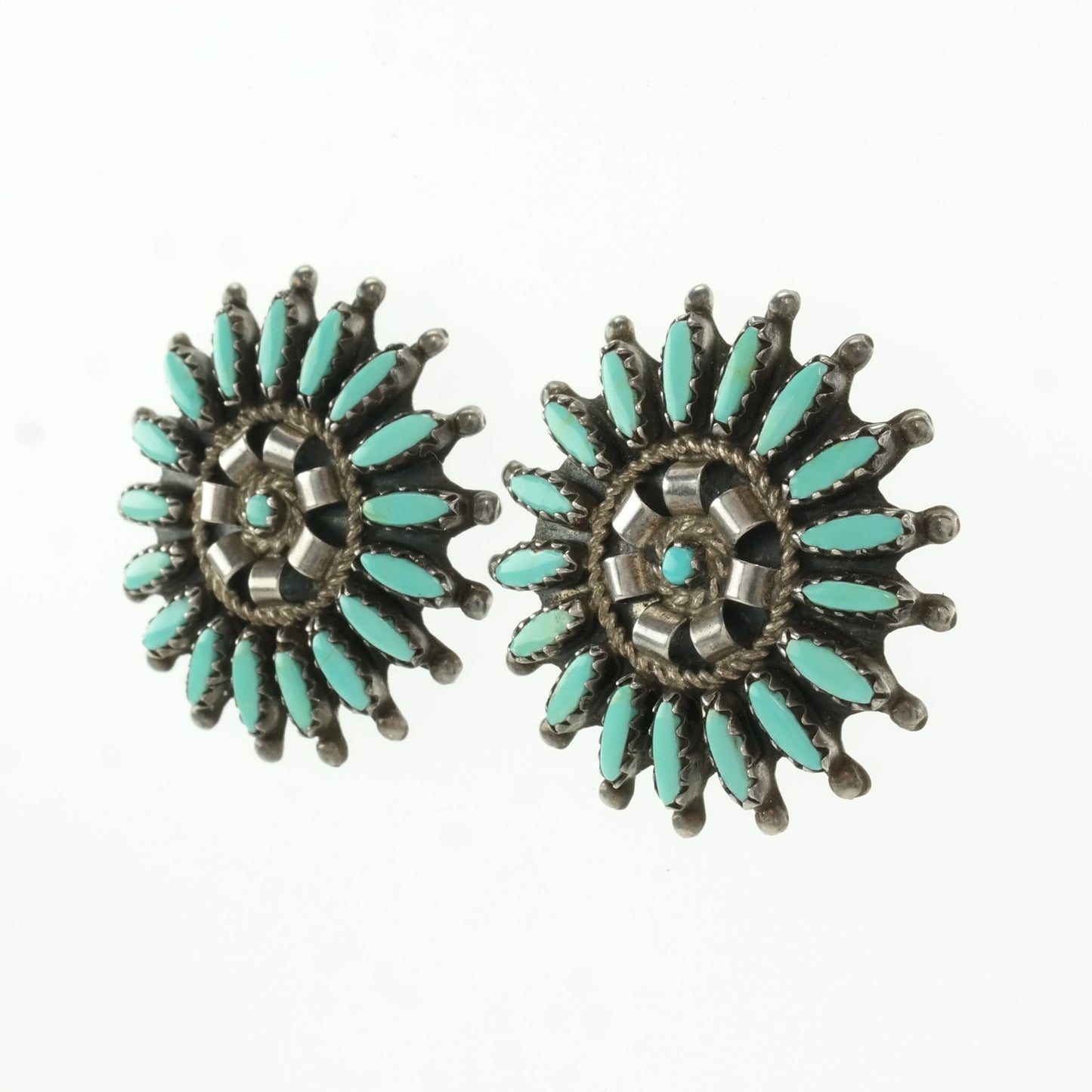 Native American Sterling Silver Blue Turquoise Petit Point, Floral Earrings Stud