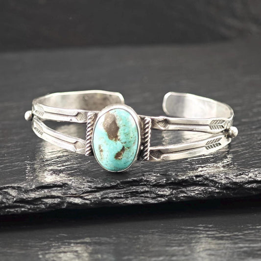 Curio Native American, Stamped Natural Turquoise Cuff Bracelet Sterling Silver