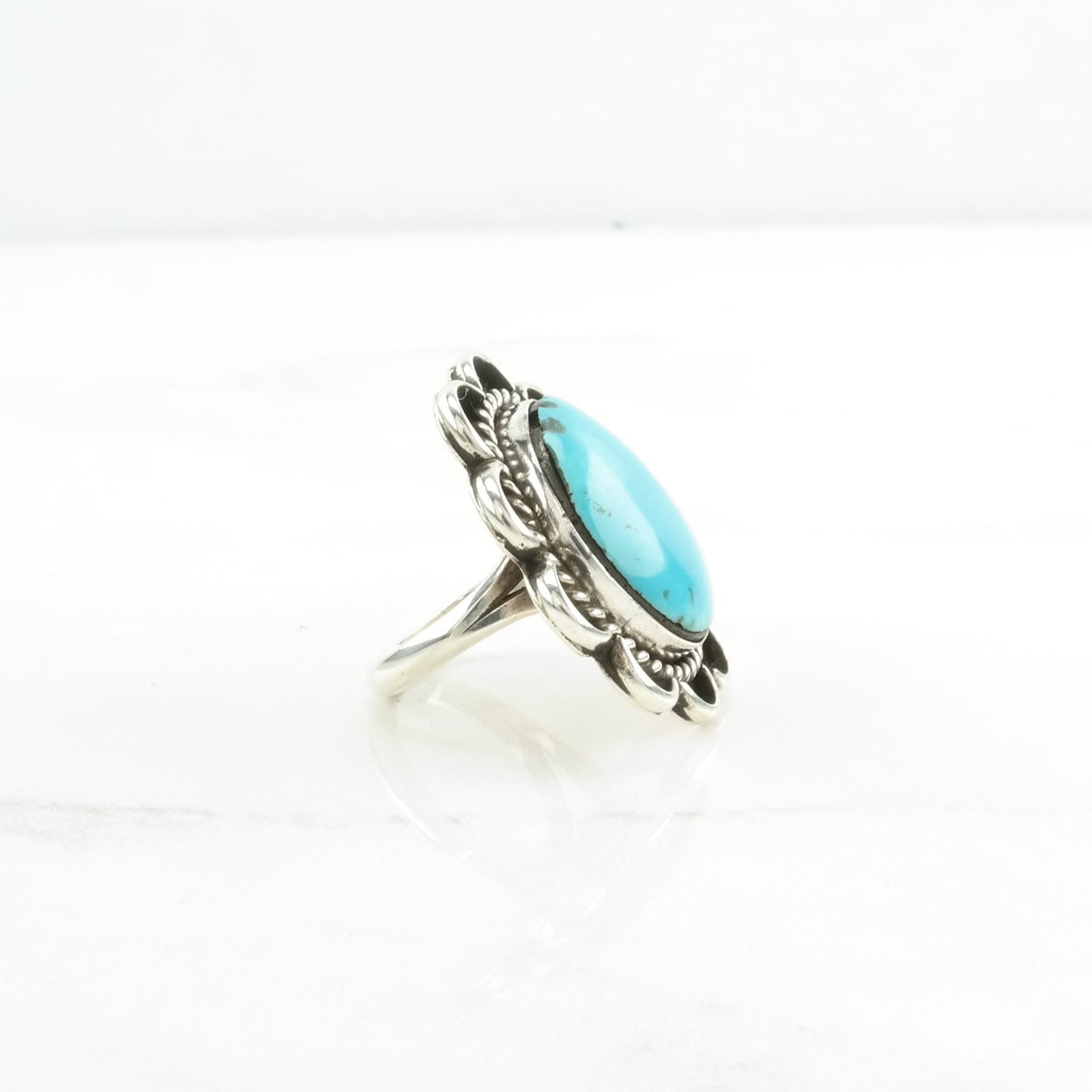 Vintage Native American Silver Ring Turquoise Floral Sterling Blue Size 5