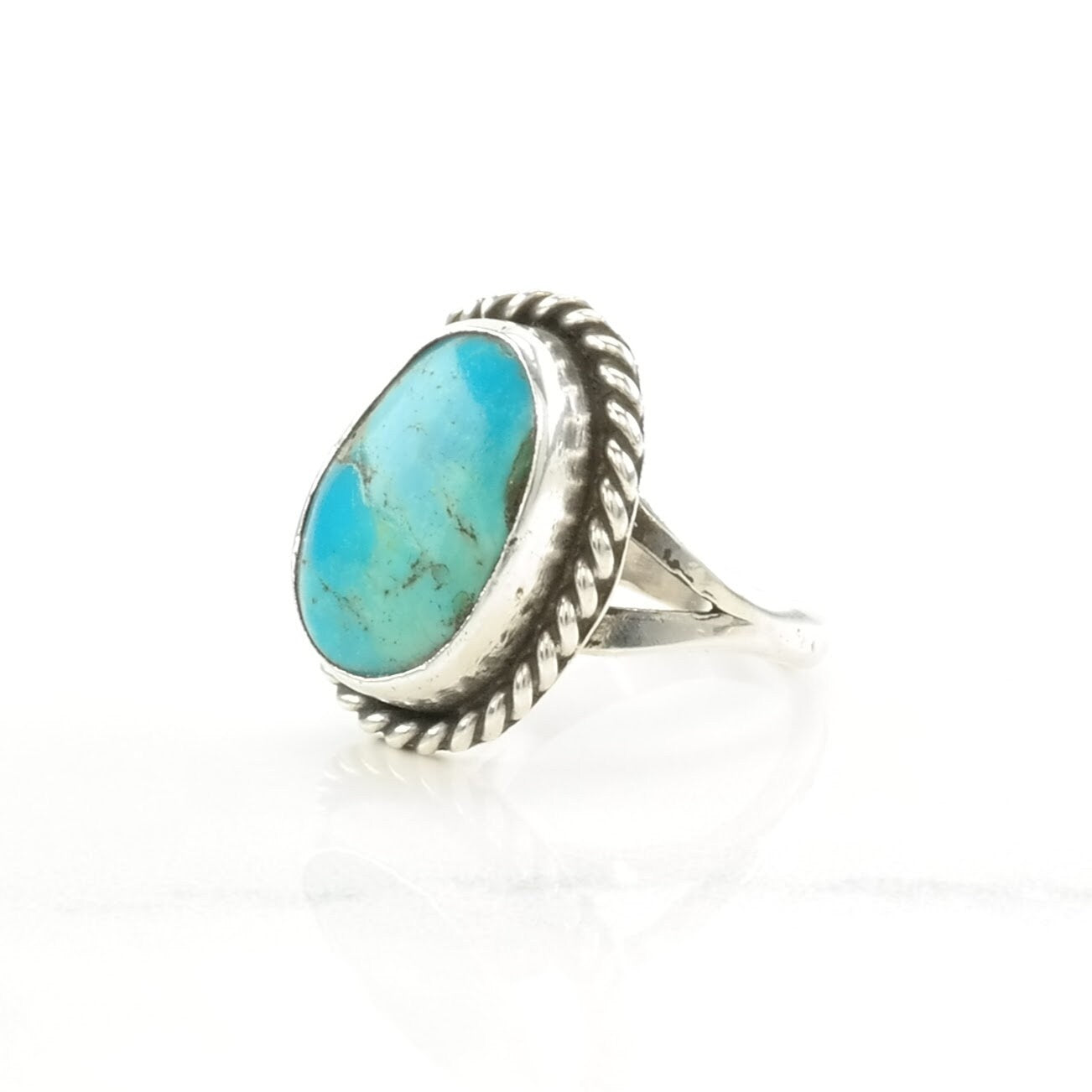 Vintage Southwest Silver Ring Turquoise Rope Detail Sterling Blue Size 6