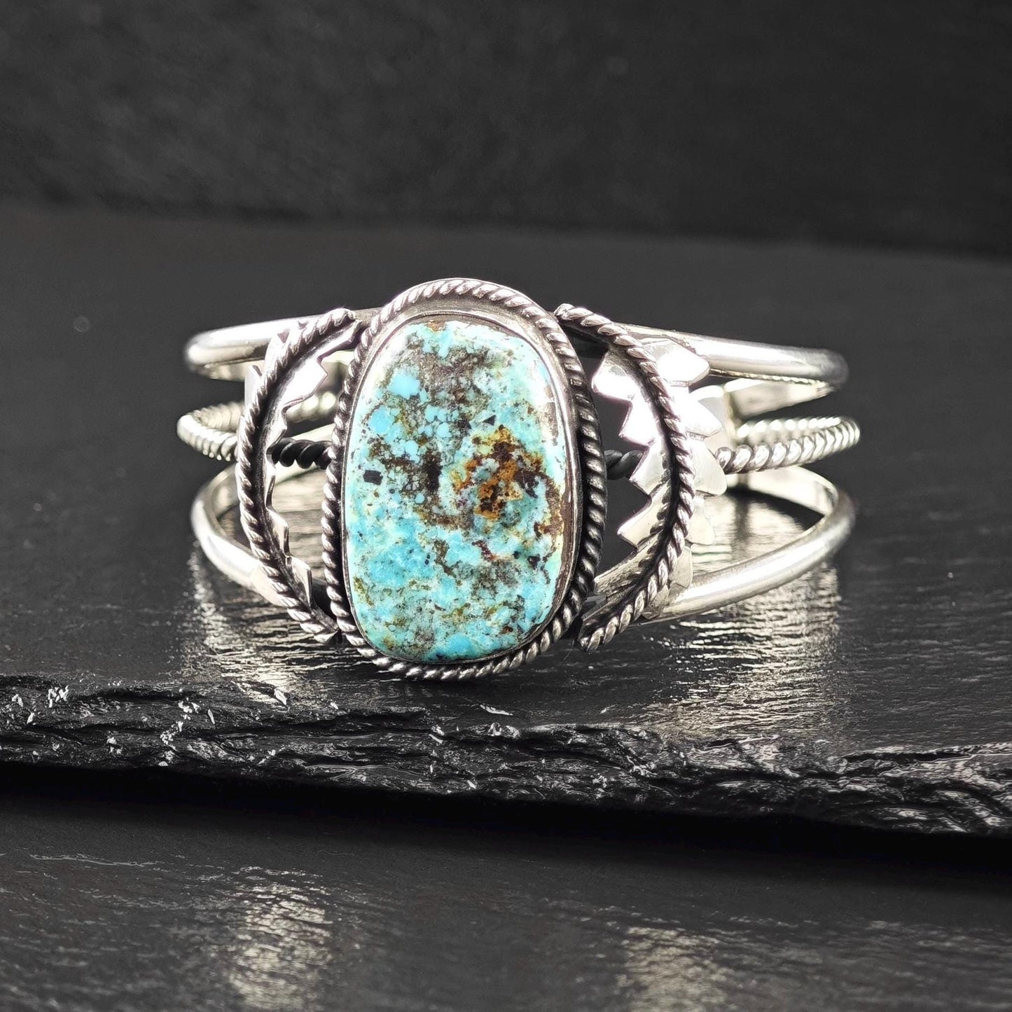 Vintage Southwest, Natural Turquoise Cuff Bracelet Sterling Silver
