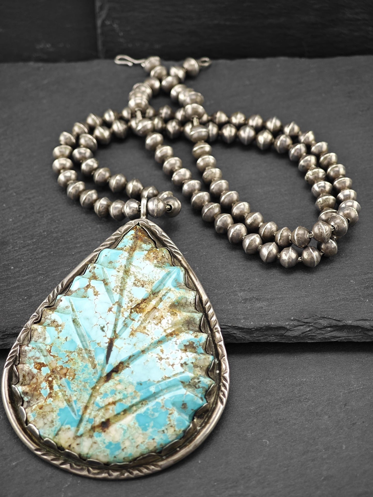 Native American Blue Royston, Beaded Necklace Sterling Silver