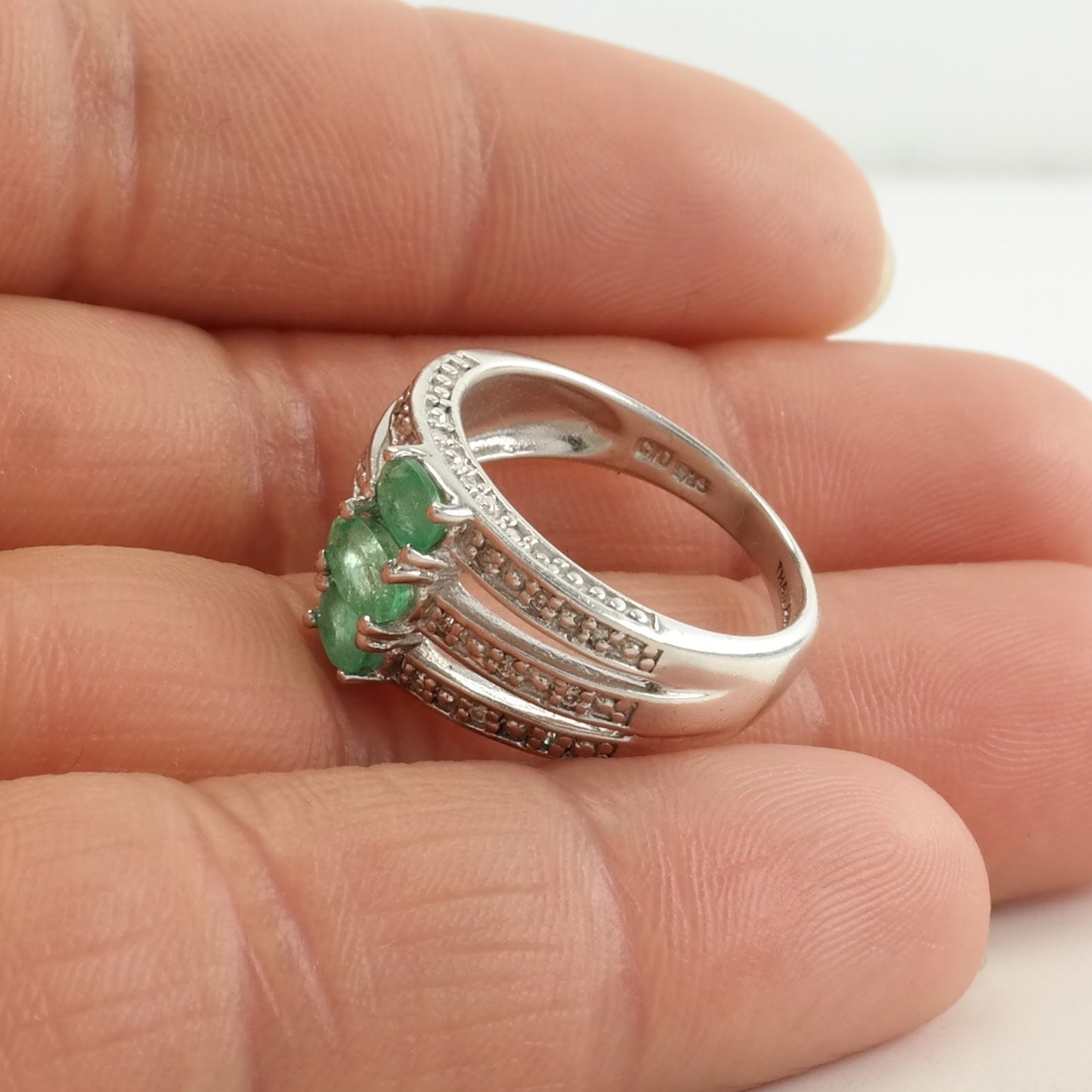 Vintage Thai Sterling Silver Ring Emerald, Diamond Green Size 5 1/4