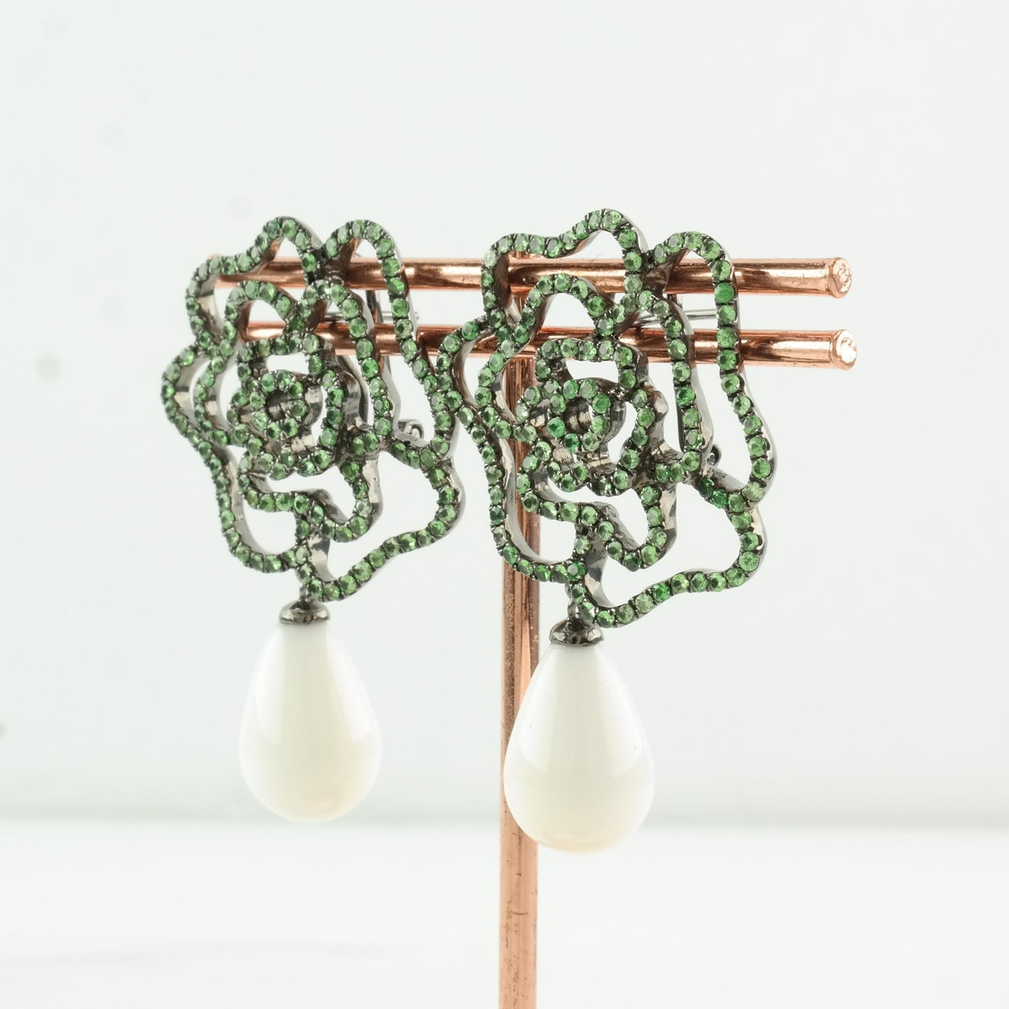 Vintage Sterling Silver Earrings, Green Tsavorite & White Stone Accents, Floral Design, Oxidized Finish