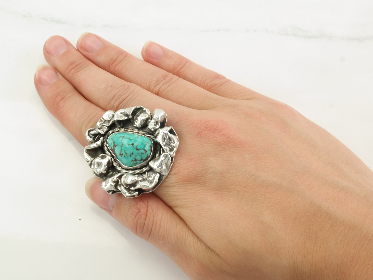Vintage Southwest Silver Ring Turquoise Brutalist Style Sterling Size 8 1/2
