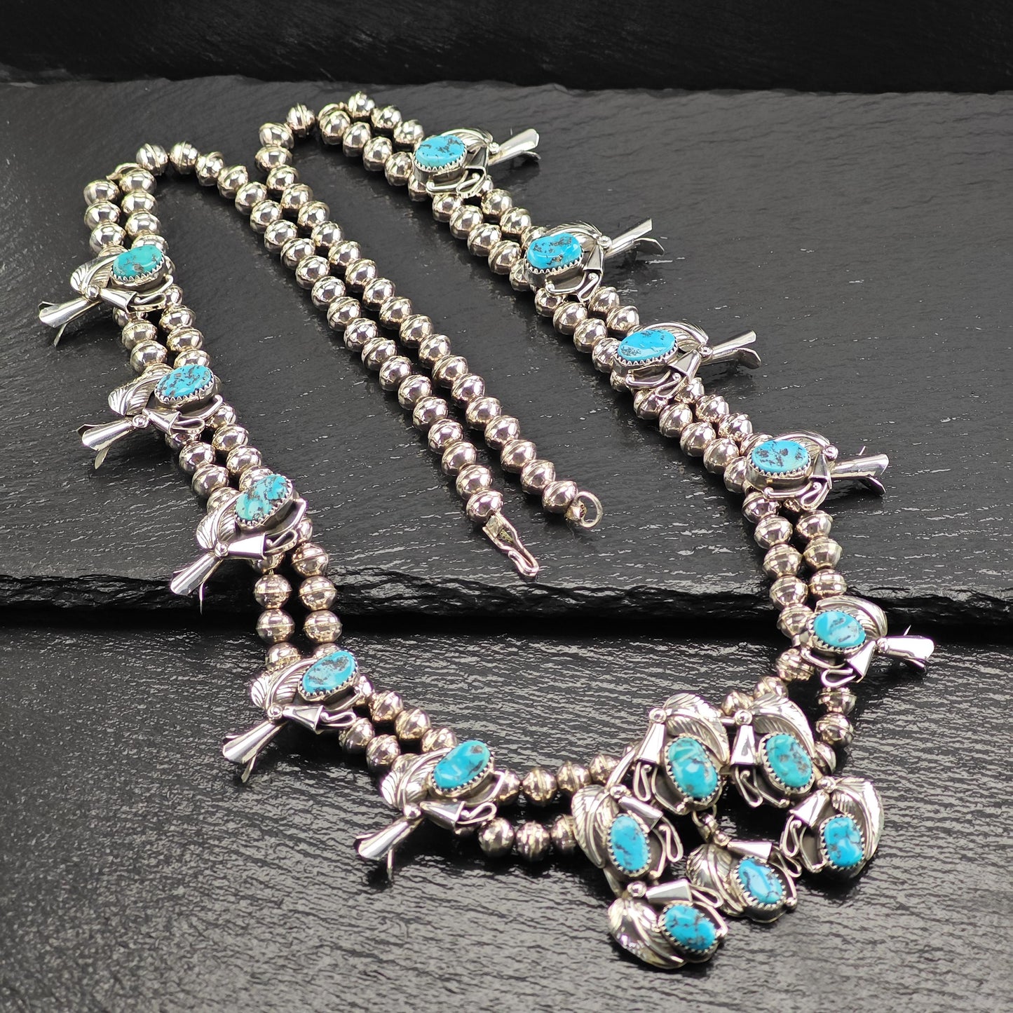 Native American Blue Sleeping Beauty, Floral Squash Blossom Necklace Sterling Silver