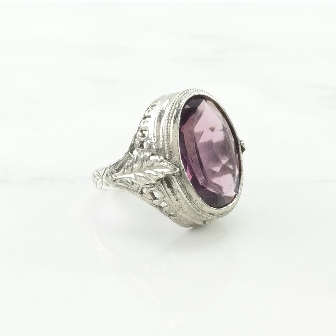 Vintage Art Deco Revival Silver Ring Amethyst Filigree Sterling Purple Size 5 1/2
