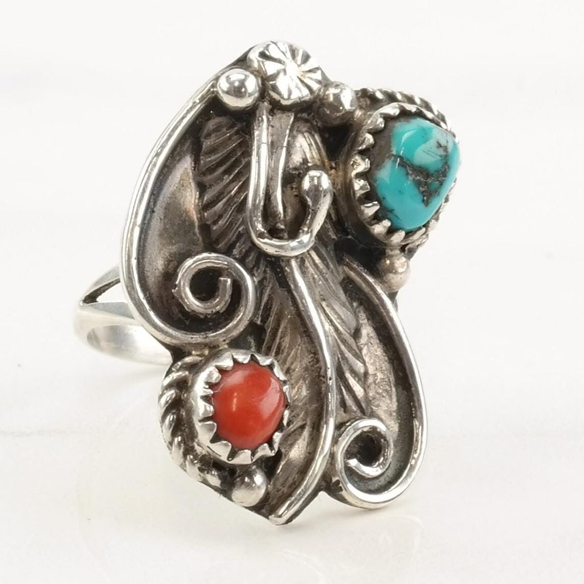 Vintage Native American Silver Ring Turquoise Coral Leaf Flower Sterling Size 6