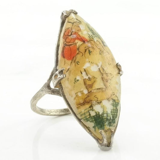 Vintage Chinese Export Silver Ring MOP Hand Painted Sterling Size 3 1/2