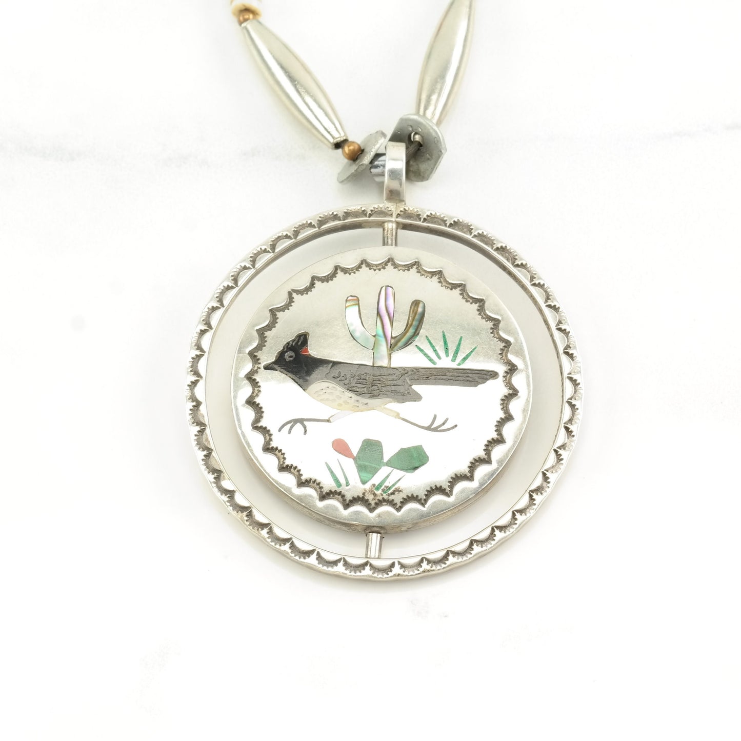 Native American Bird Inlay Necklace Sterling Silver Heishi Reversible