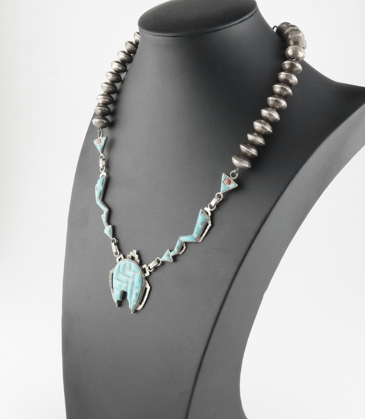 Native American Inlay Necklace Sterling Silver Blue Turquoise Coral