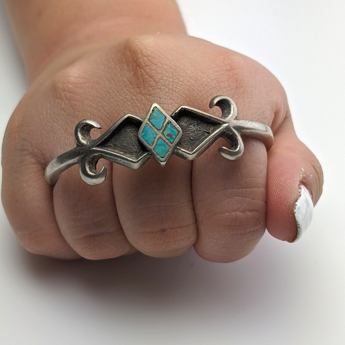 Native American Sterling Silver Cuff Bracelet Turquoise Inlay Sandcast